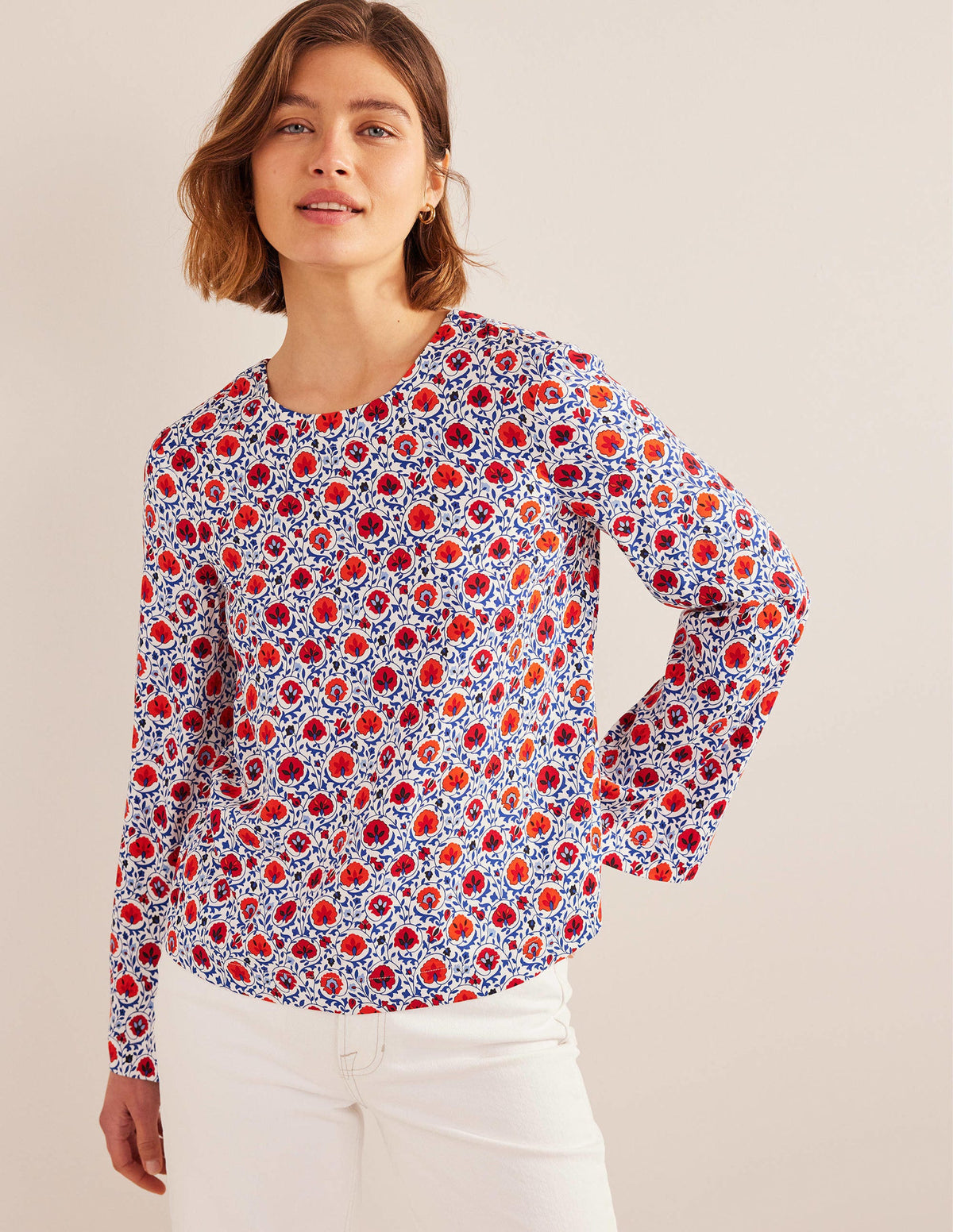 Flared Long Sleeve Top-Blue Wave, Enchanting Bloom - Image 1