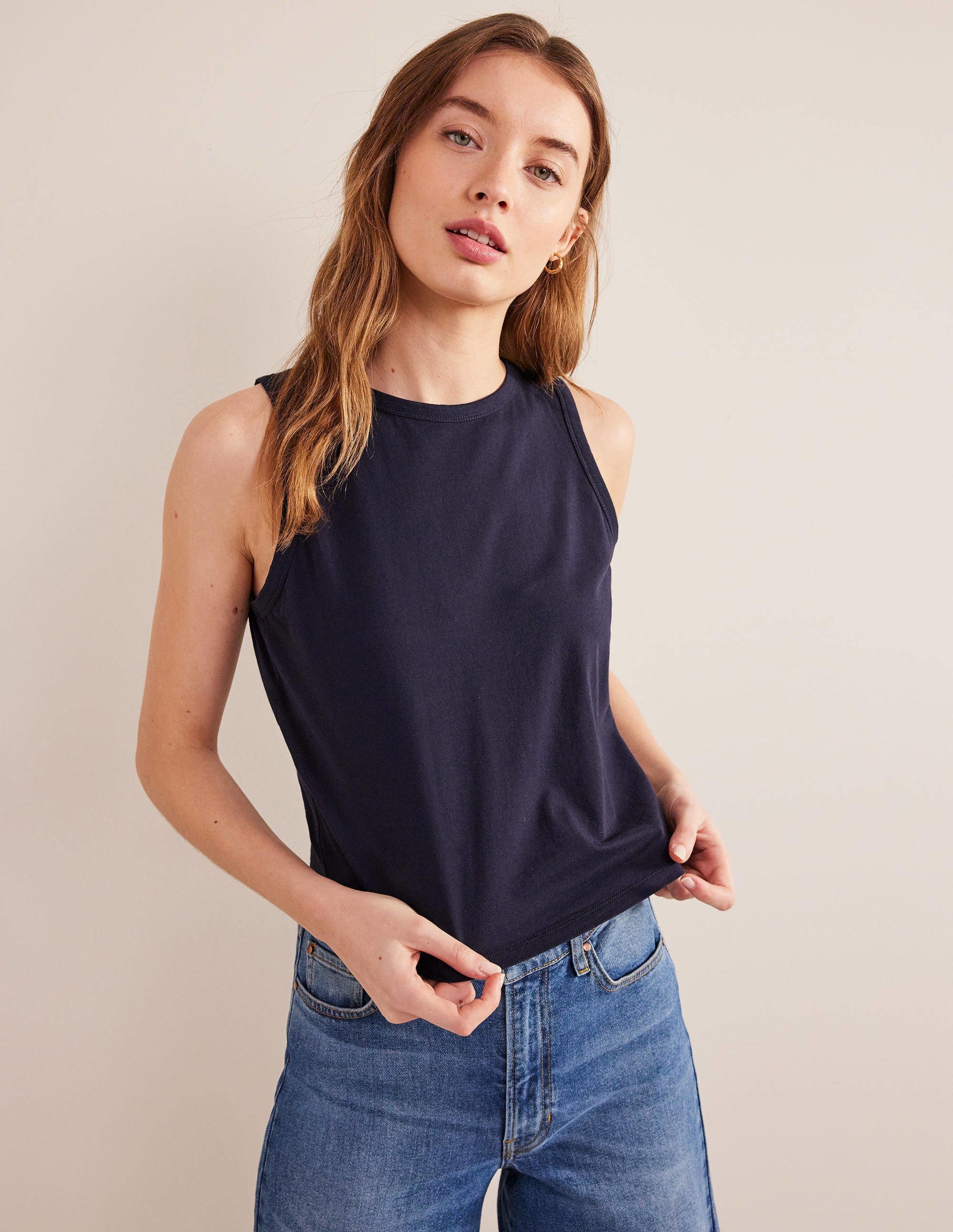 Cropped Cotton Tank-Navy-1