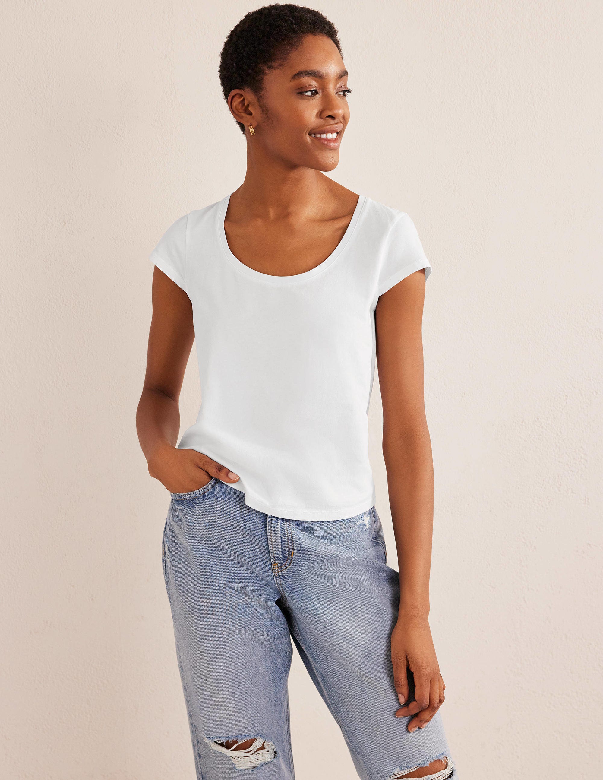 Pure Cotton Scoop Neck T-Shirt-White - Image 4