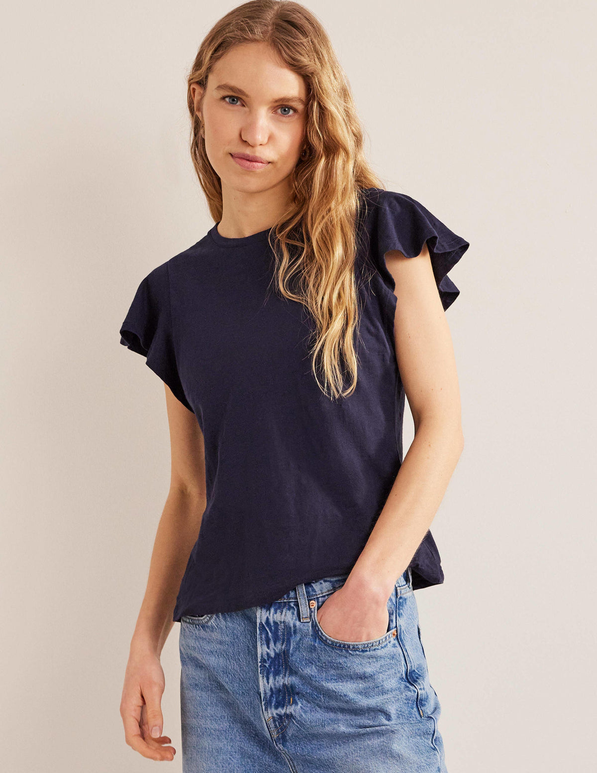 Crew Neck Flutter T-Shirt-Navy - Image 4