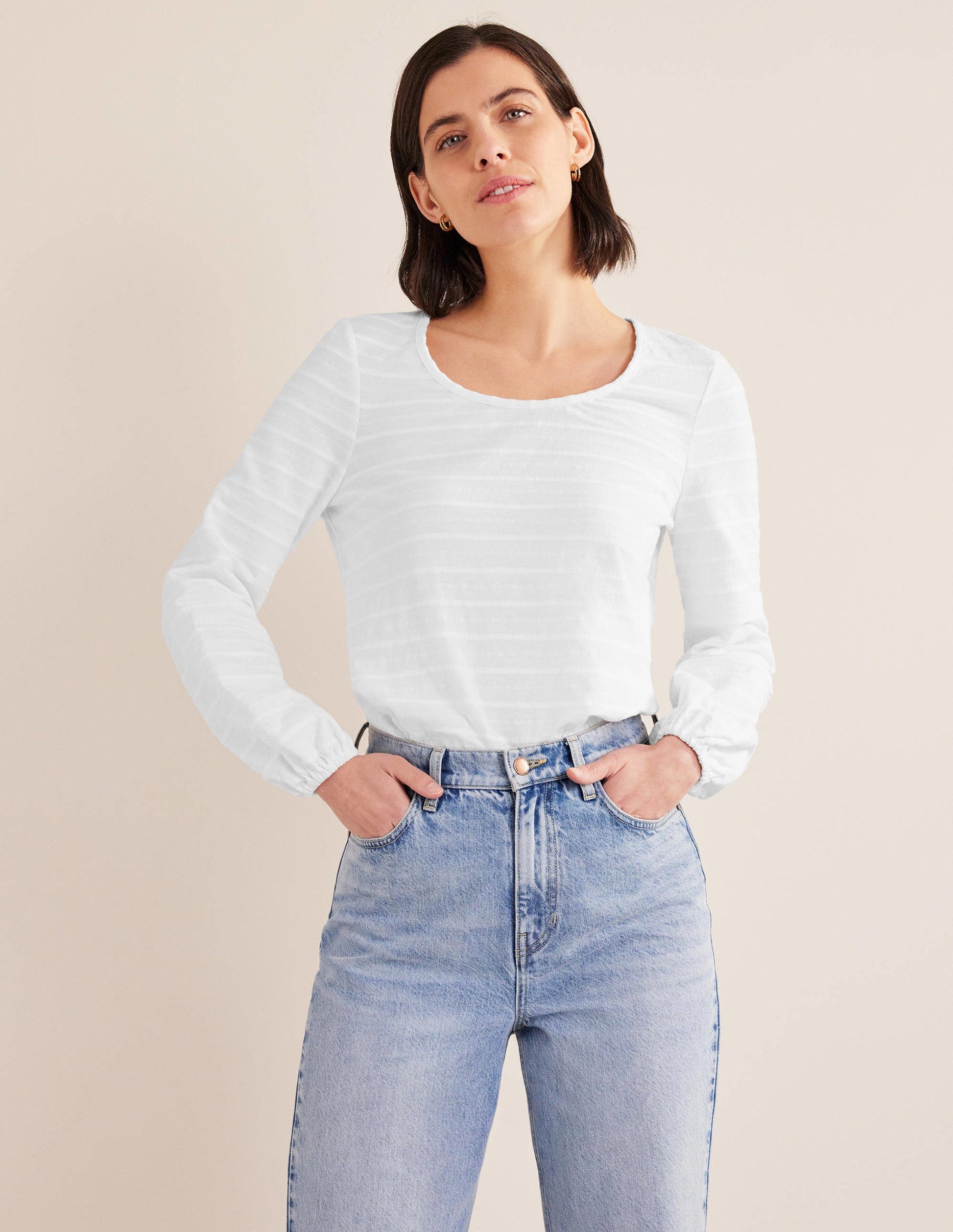 Scoop Neck Textured Top-White-4