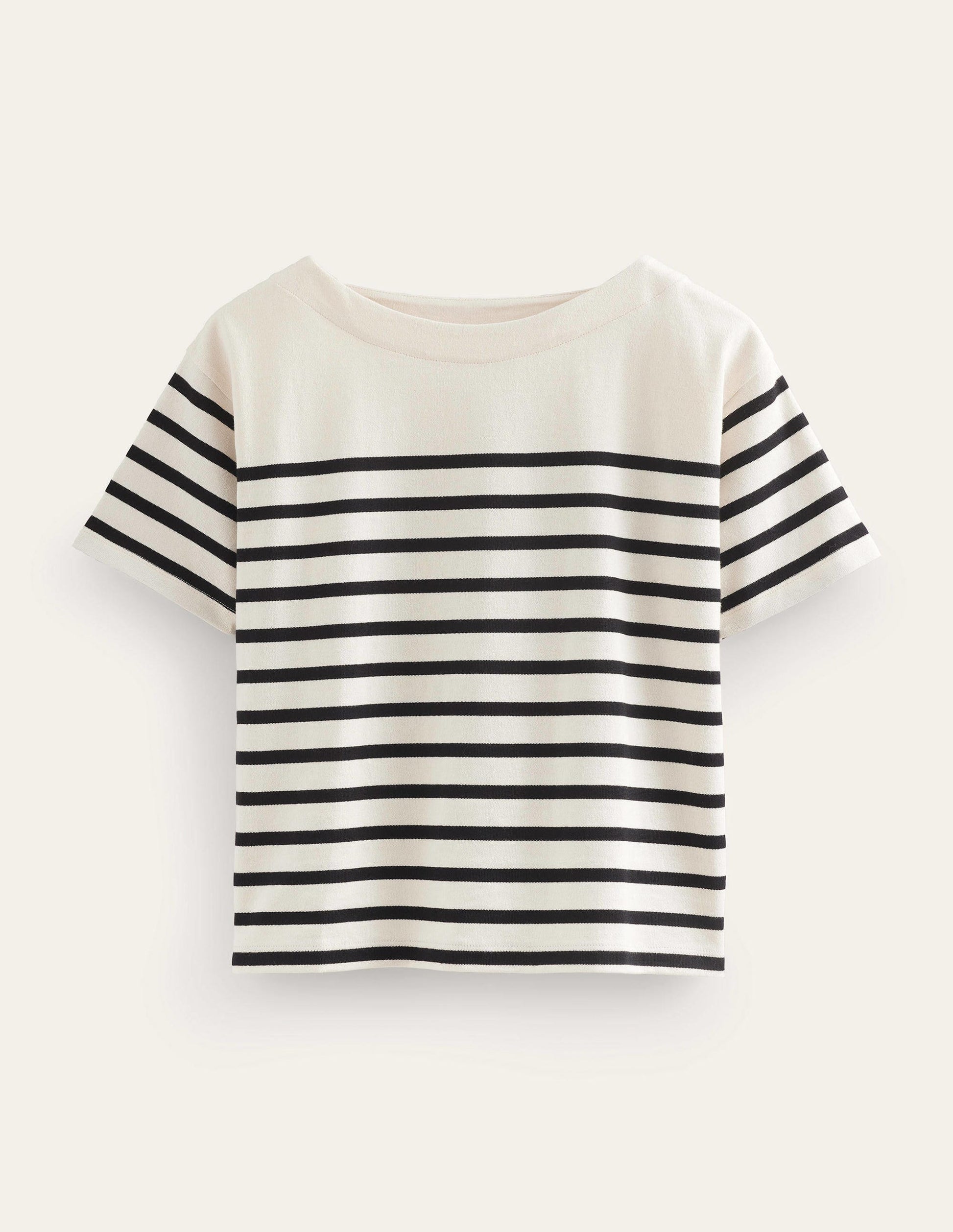 Boat Neck Striped T-Shirt-Ivory/Black Stripe-5