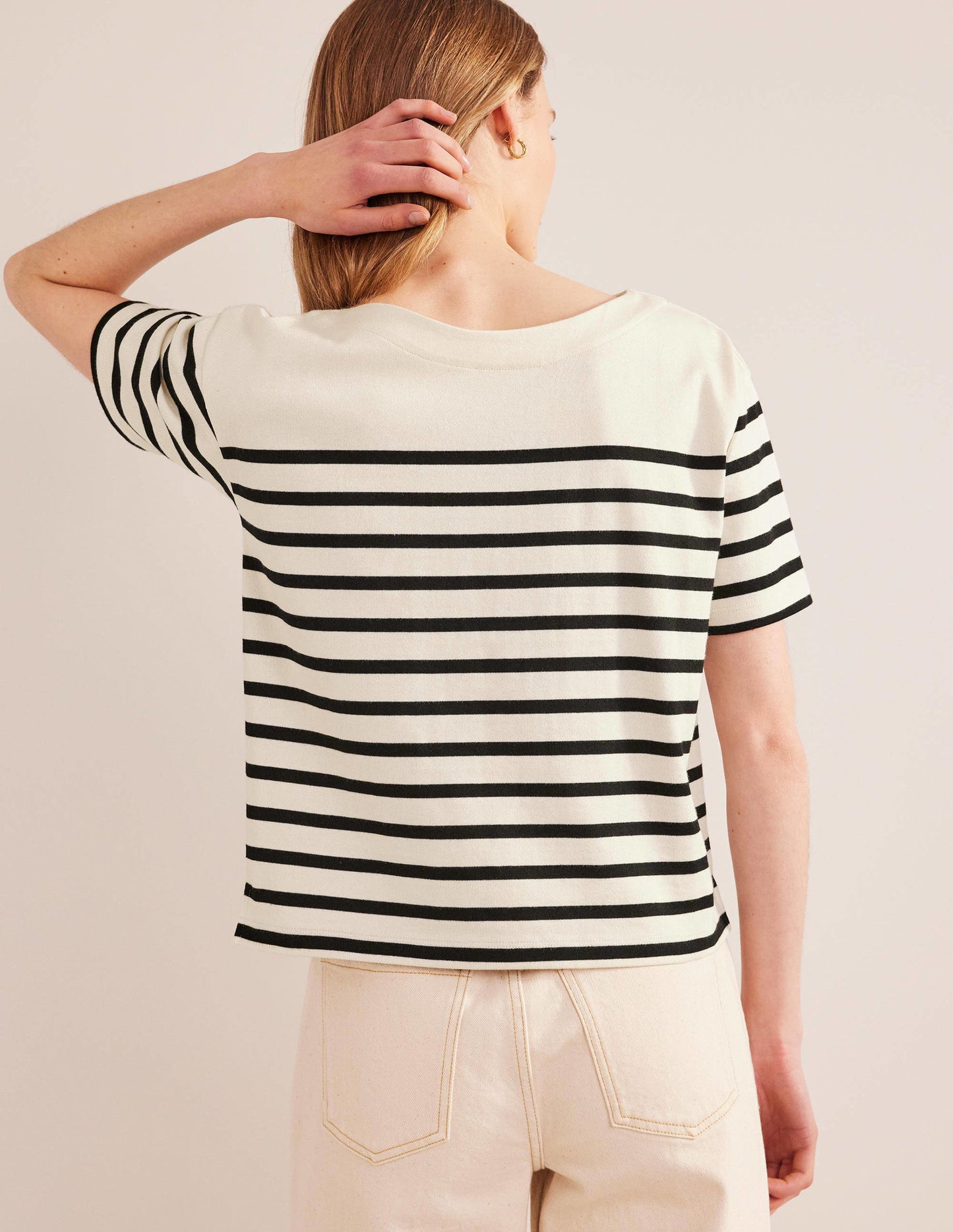Boat Neck Striped T-Shirt-Ivory/Black Stripe