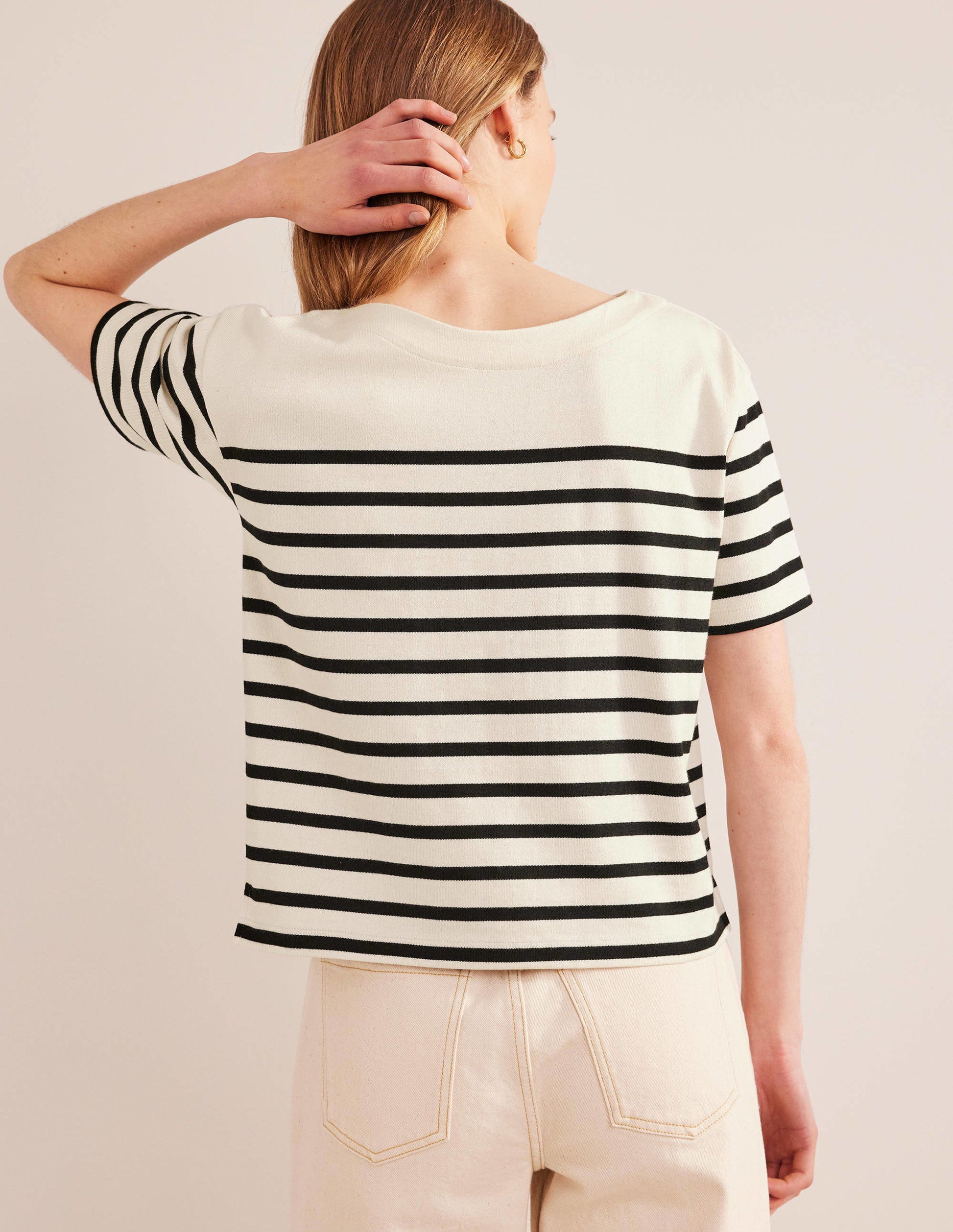 Boat Neck Striped T-Shirt-Ivory/Black Stripe-2