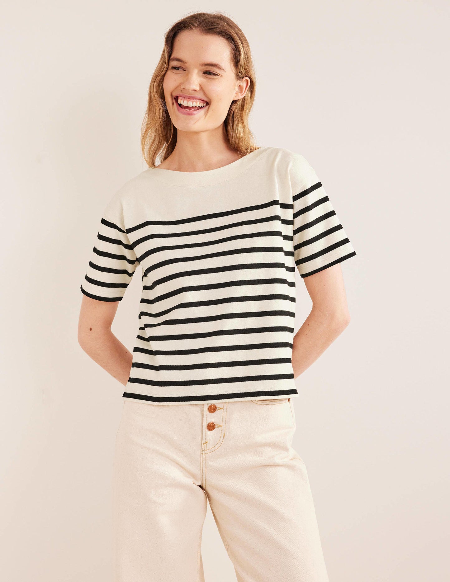Boat Neck Striped T-Shirt-Ivory/Black Stripe