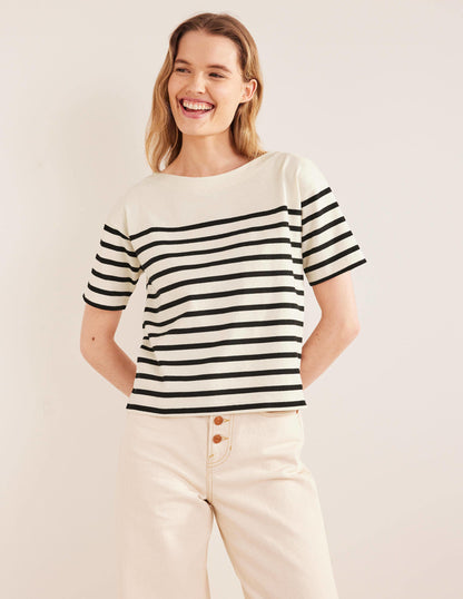 Boat Neck Striped T-Shirt-Ivory/Black Stripe-3