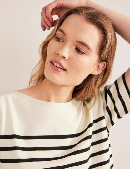 Boat Neck Striped T-Shirt-Ivory/Black Stripe-4
