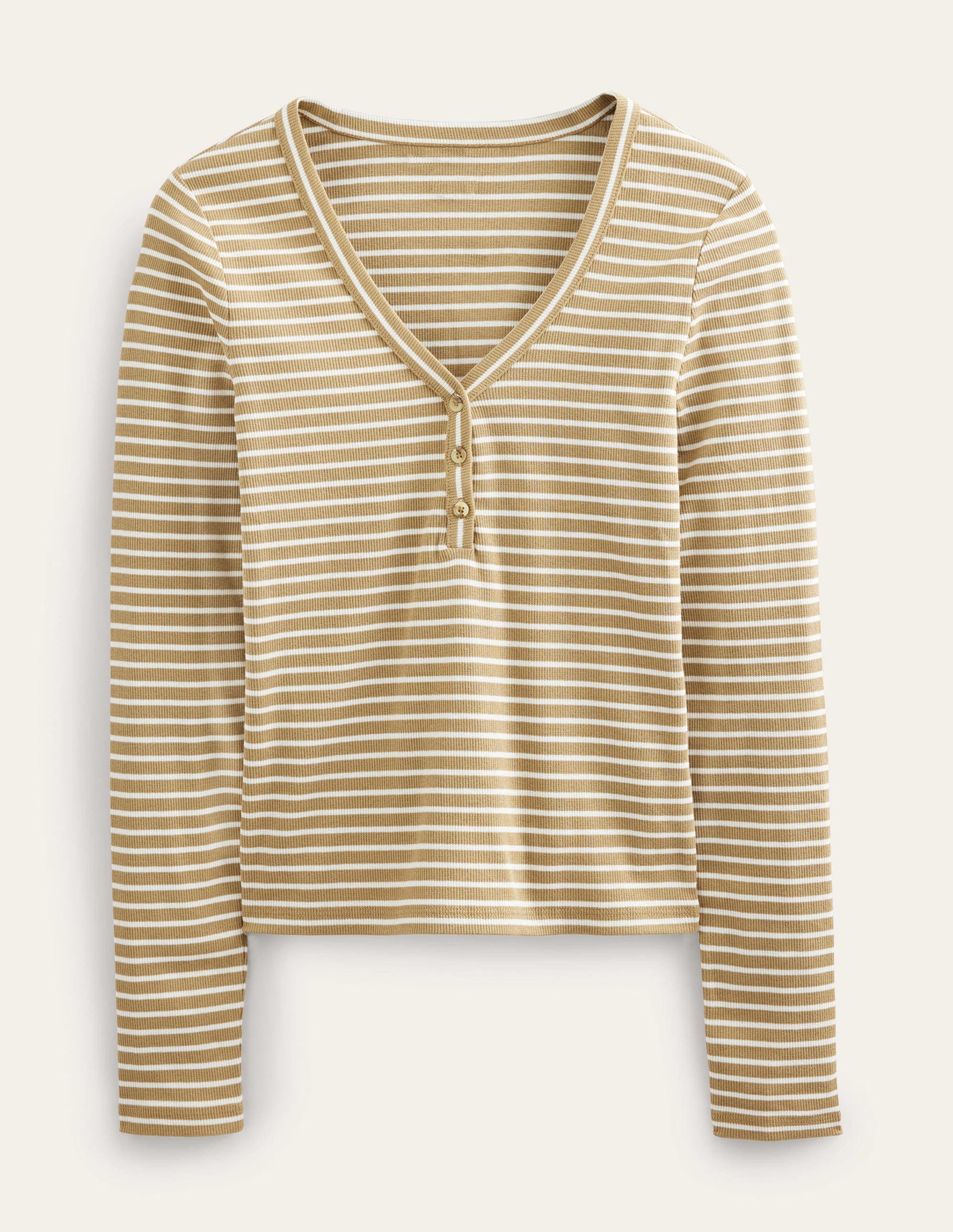 Stripe Ribbed Fitted Henley-Camel/Ivory Stripe-5
