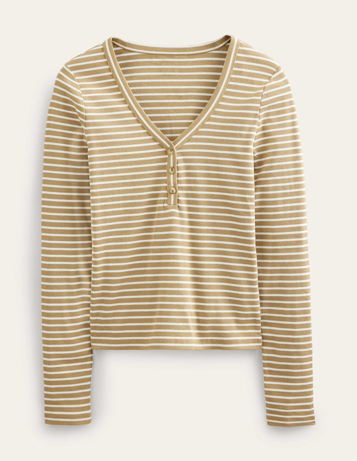 Stripe Ribbed Fitted Henley-Camel/Ivory Stripe - Image 5