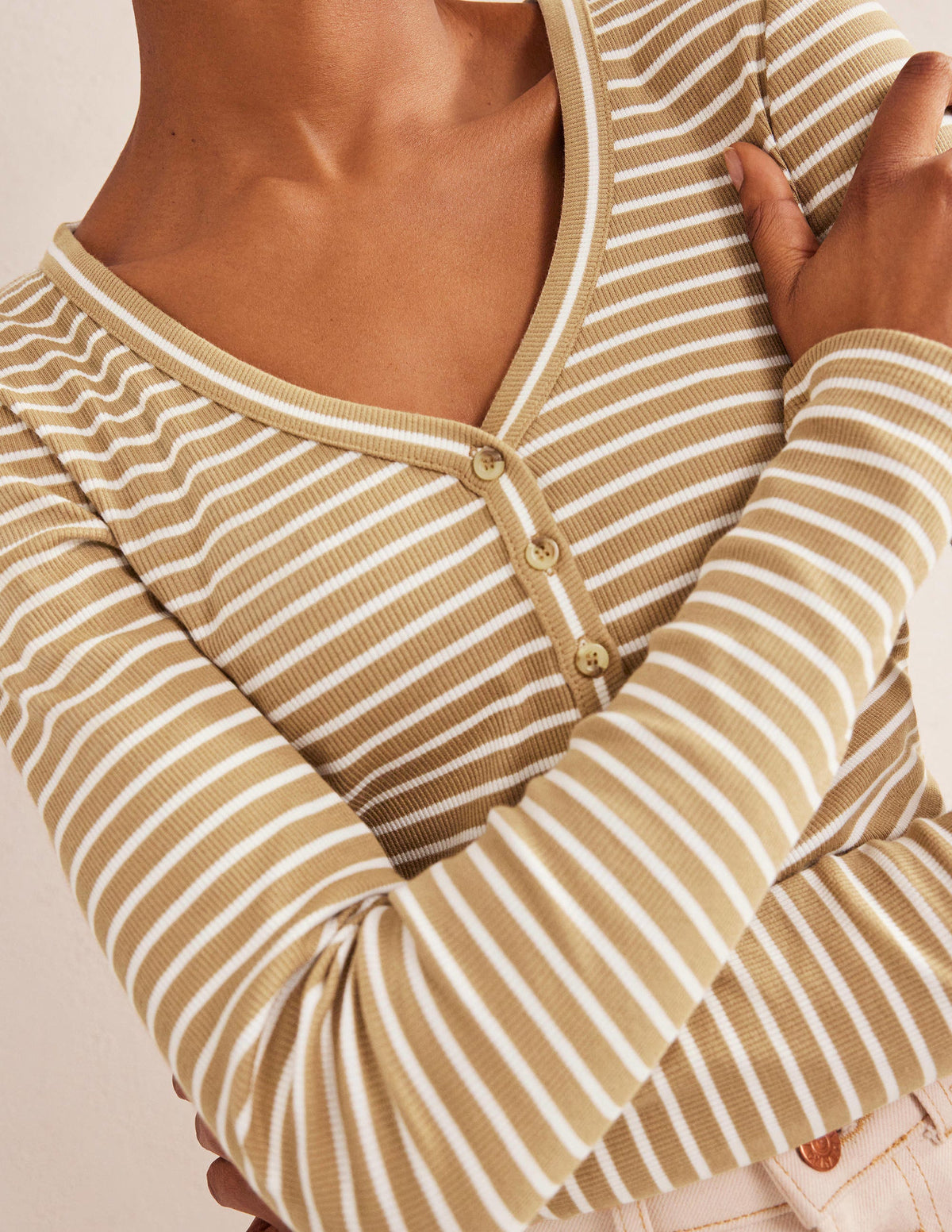 Stripe Ribbed Fitted Henley-Camel/Ivory Stripe-2