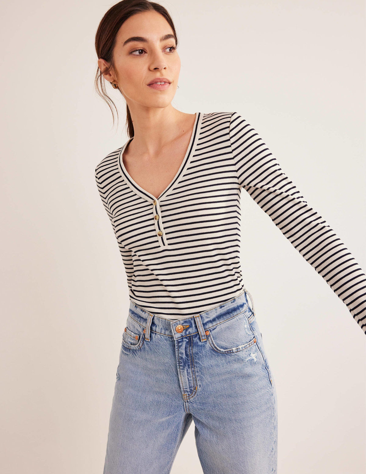 Stripe Ribbed Fitted Henley-Ivory/Navy Stripe - Image 1