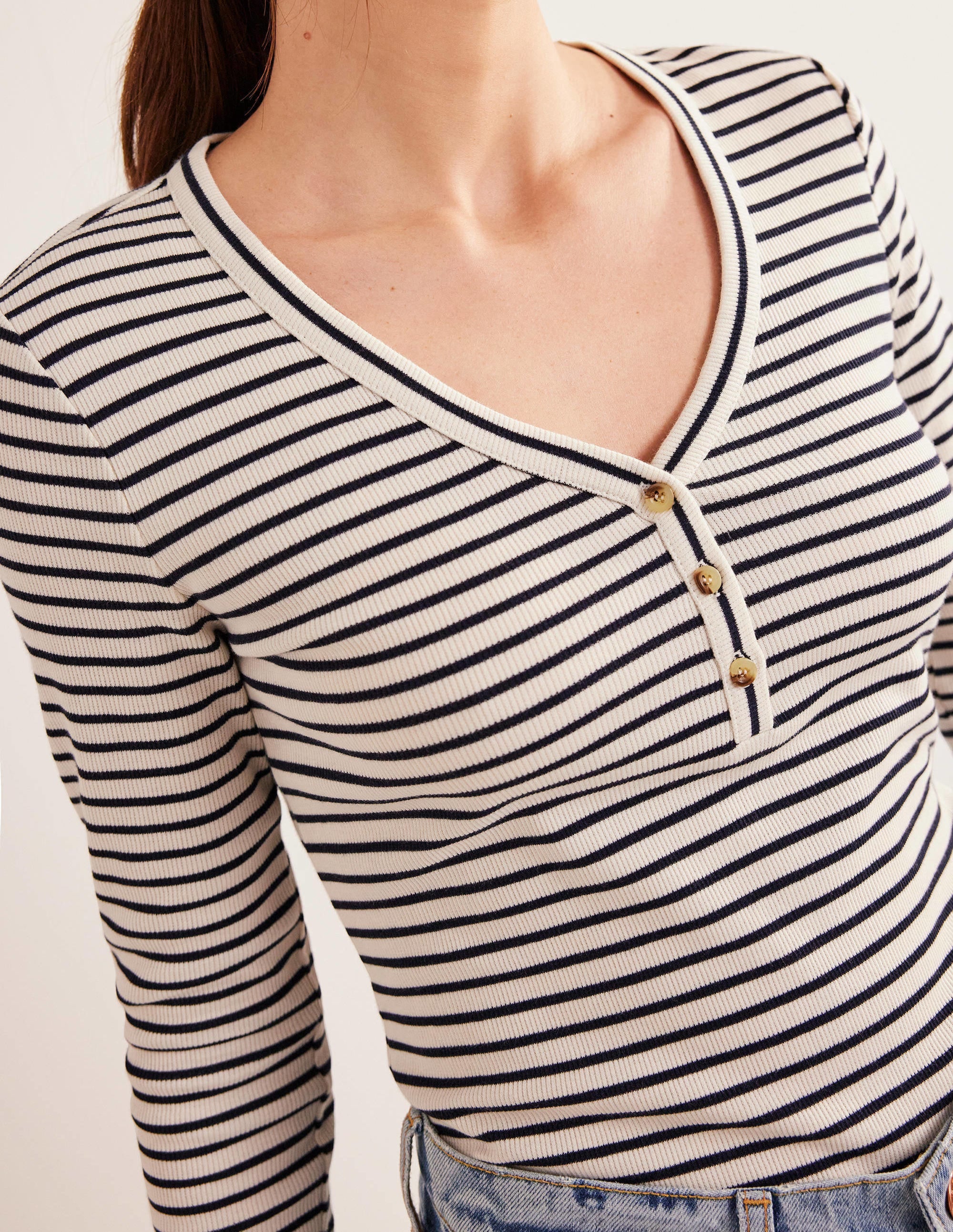 Stripe Ribbed Fitted Henley-Ivory/Navy Stripe - Image 2