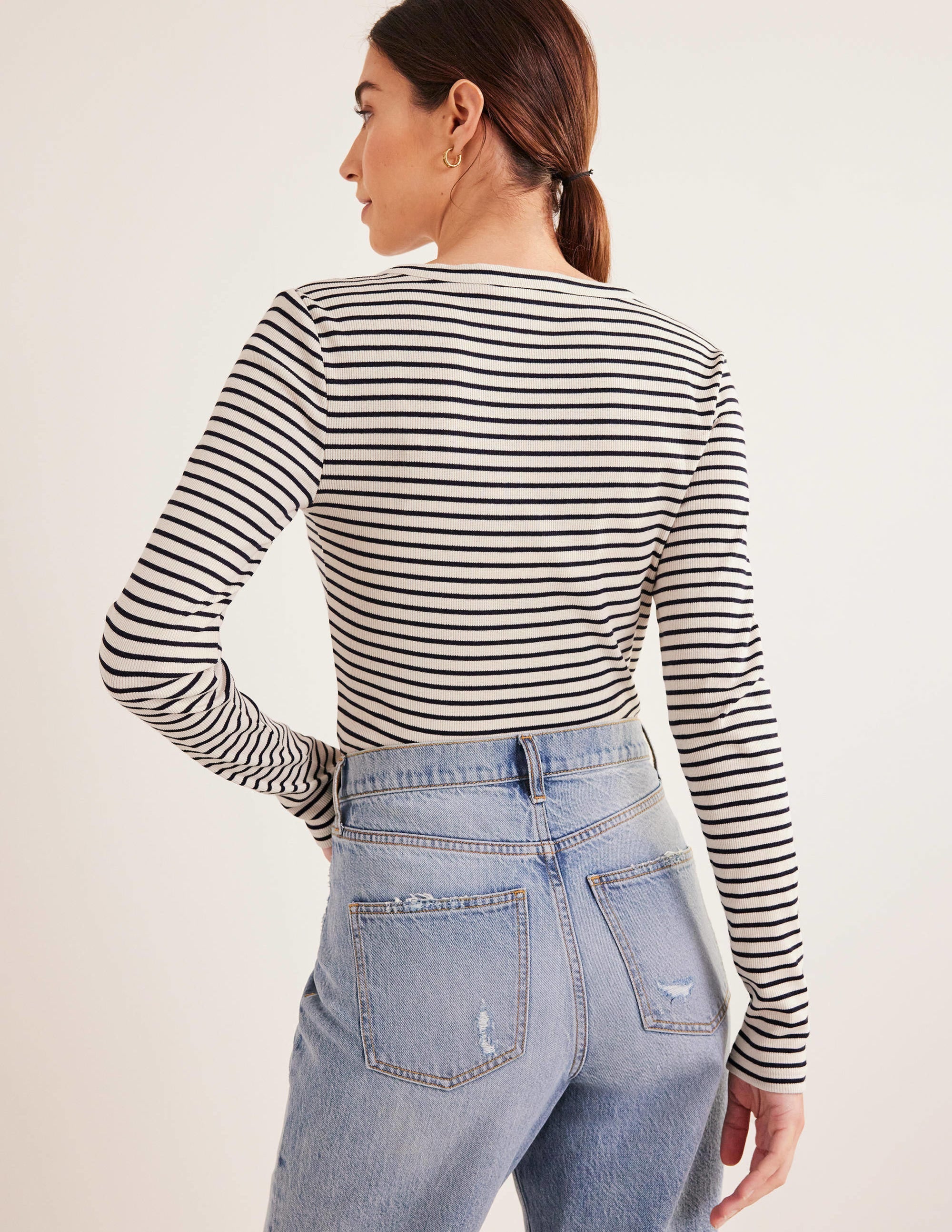 Stripe Ribbed Fitted Henley-Ivory/Navy Stripe - Image 3
