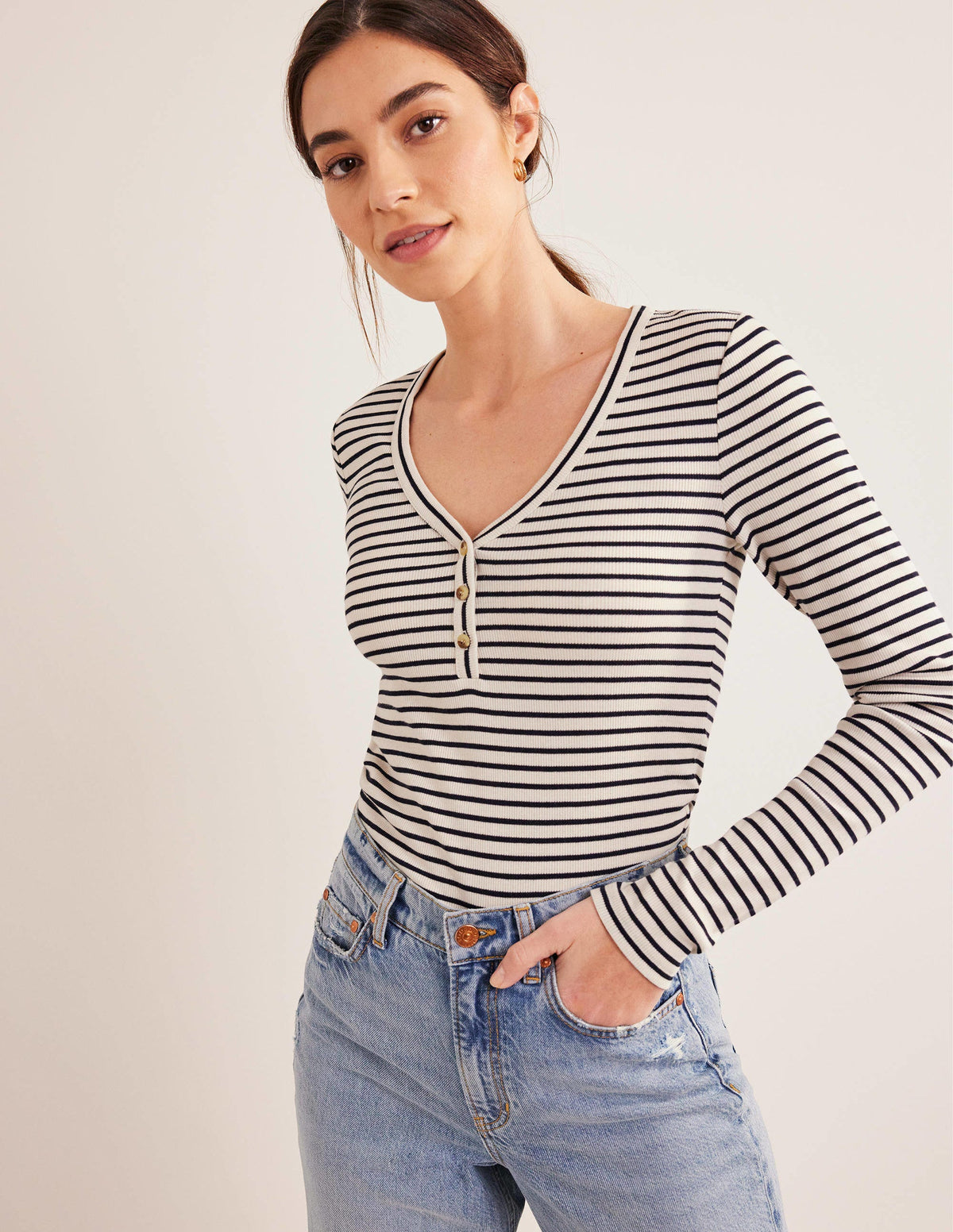 Stripe Ribbed Fitted Henley-Ivory/Navy Stripe - Image 4