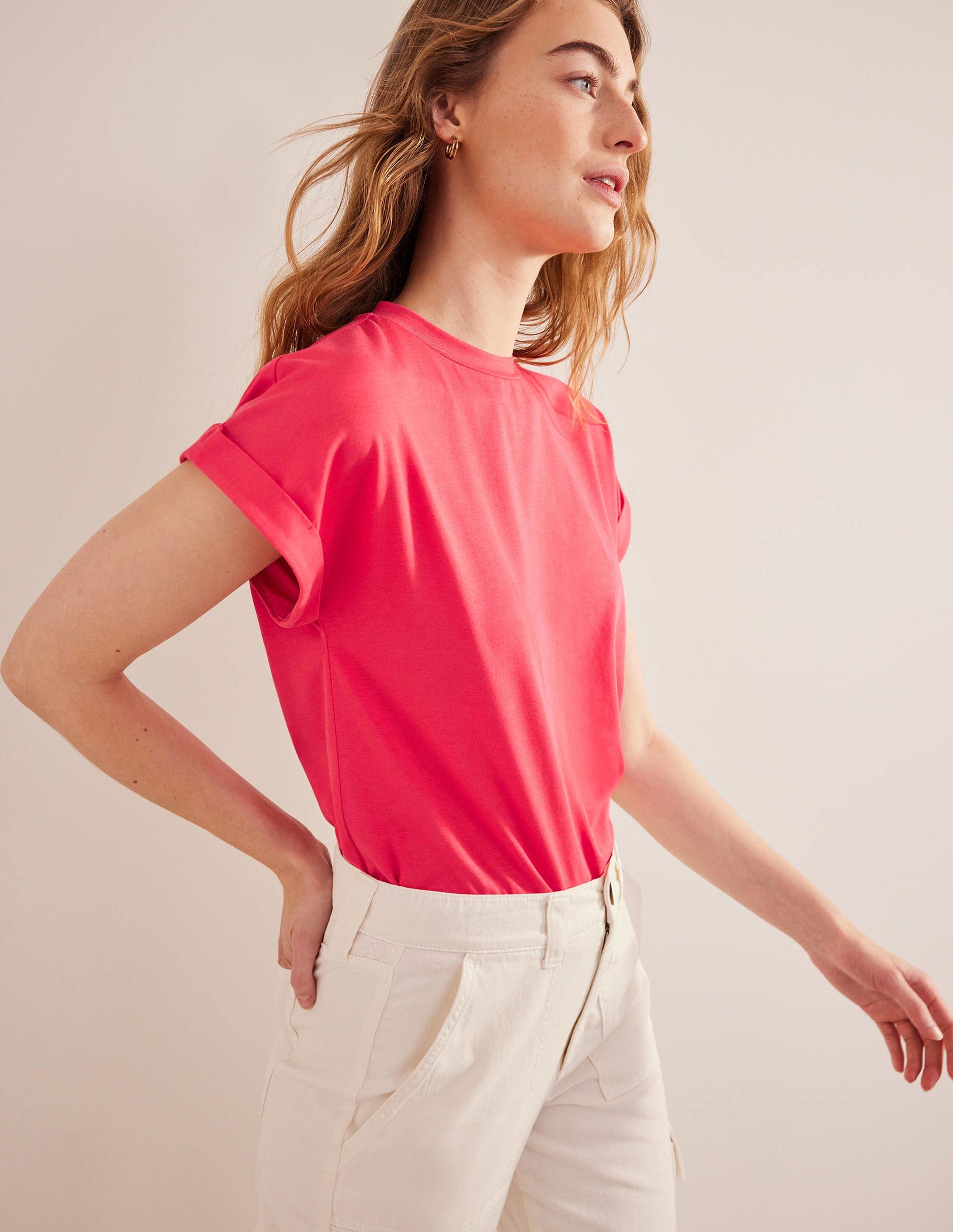 Turn Back Sleeve Crew T-Shirt-Festival Pink-1