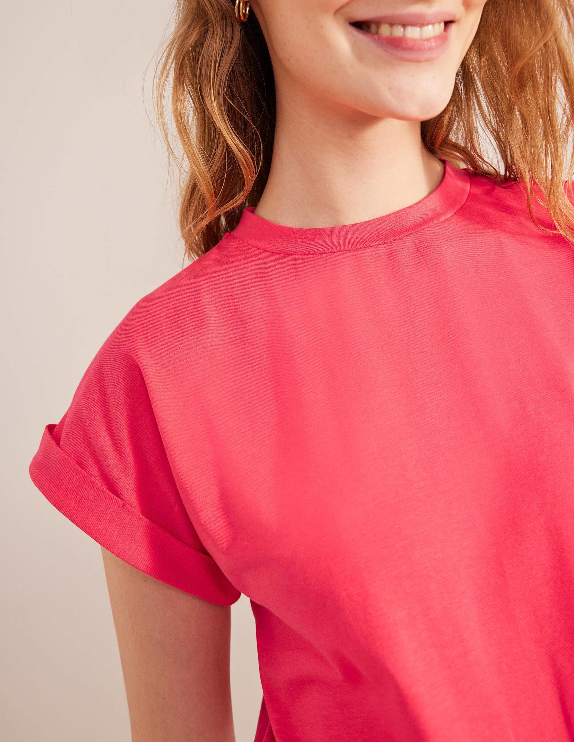 Turn Back Sleeve Crew T-Shirt-Festival Pink-2