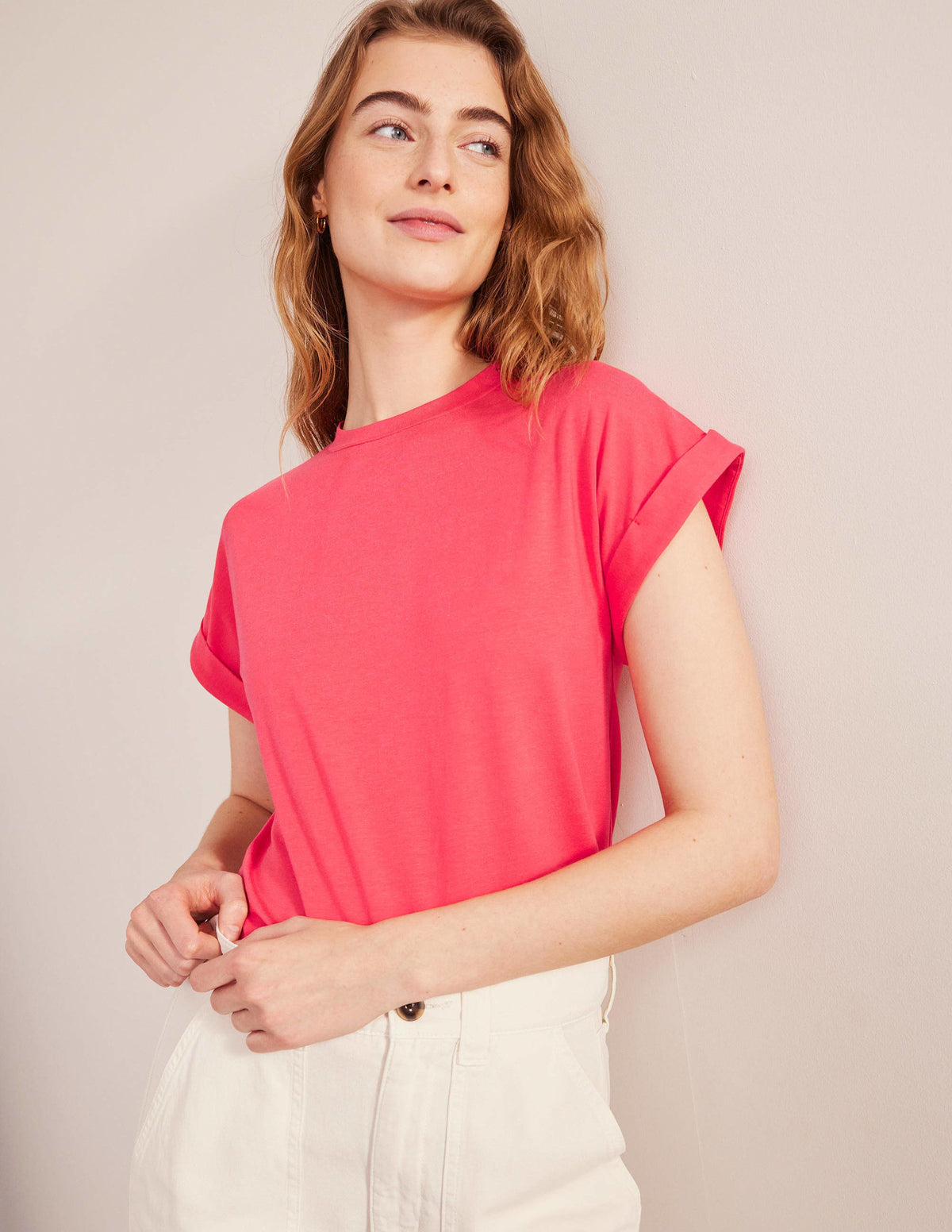 Turn Back Sleeve Crew T-Shirt-Festival Pink - Image 4