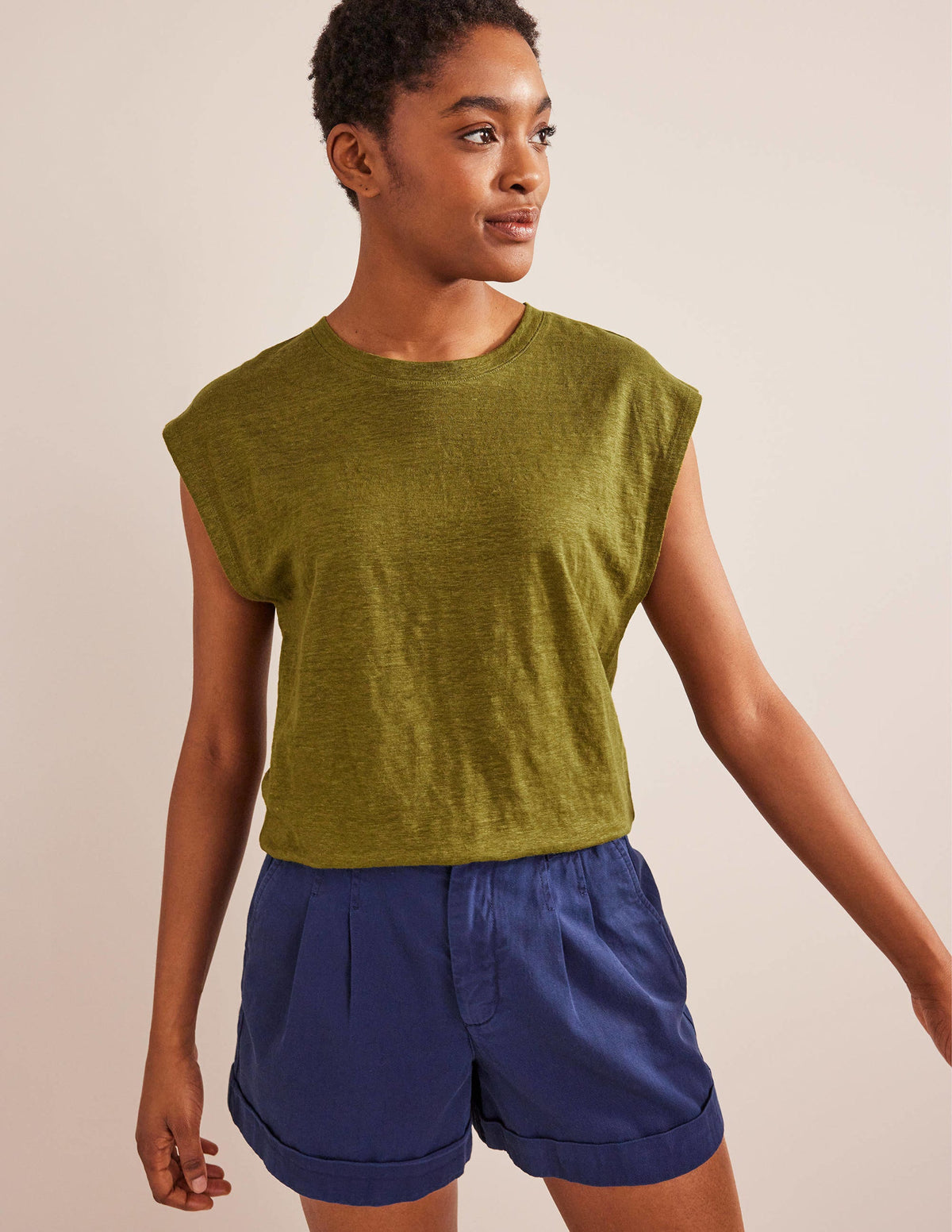 Crew Neck Linen T-shirt-River Reed - Image 1