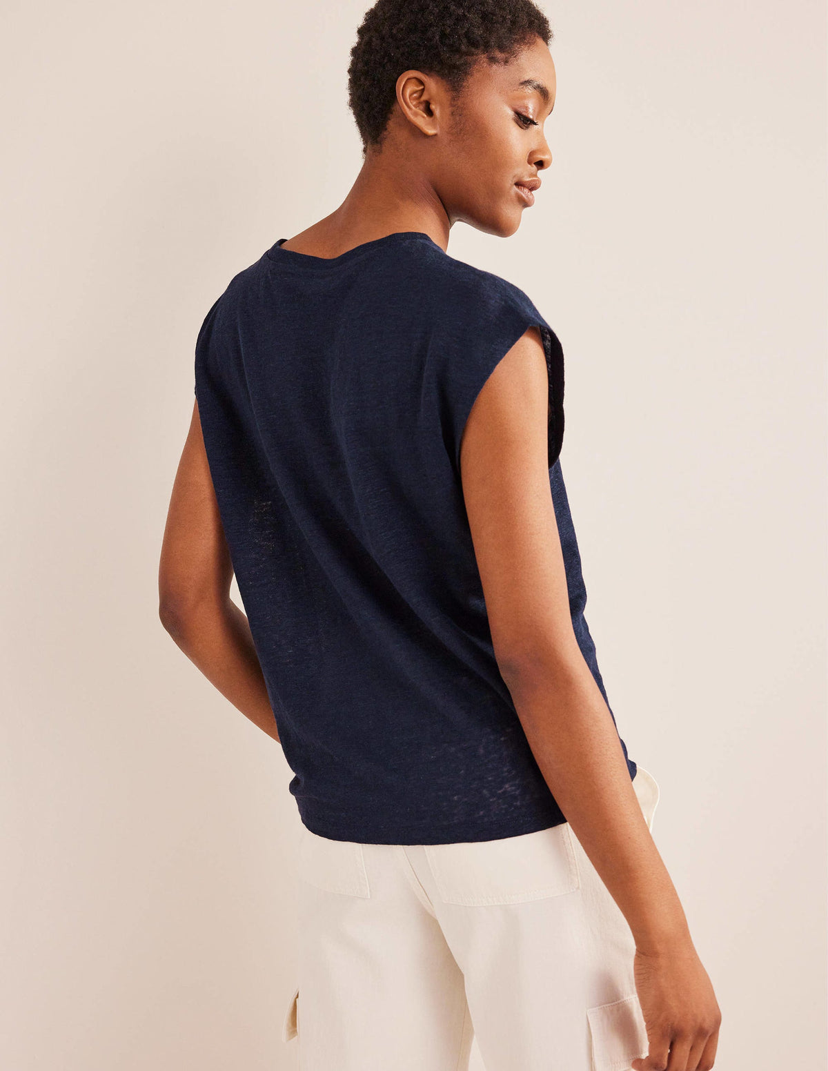 Crew Neck Linen T-shirt-Navy-3