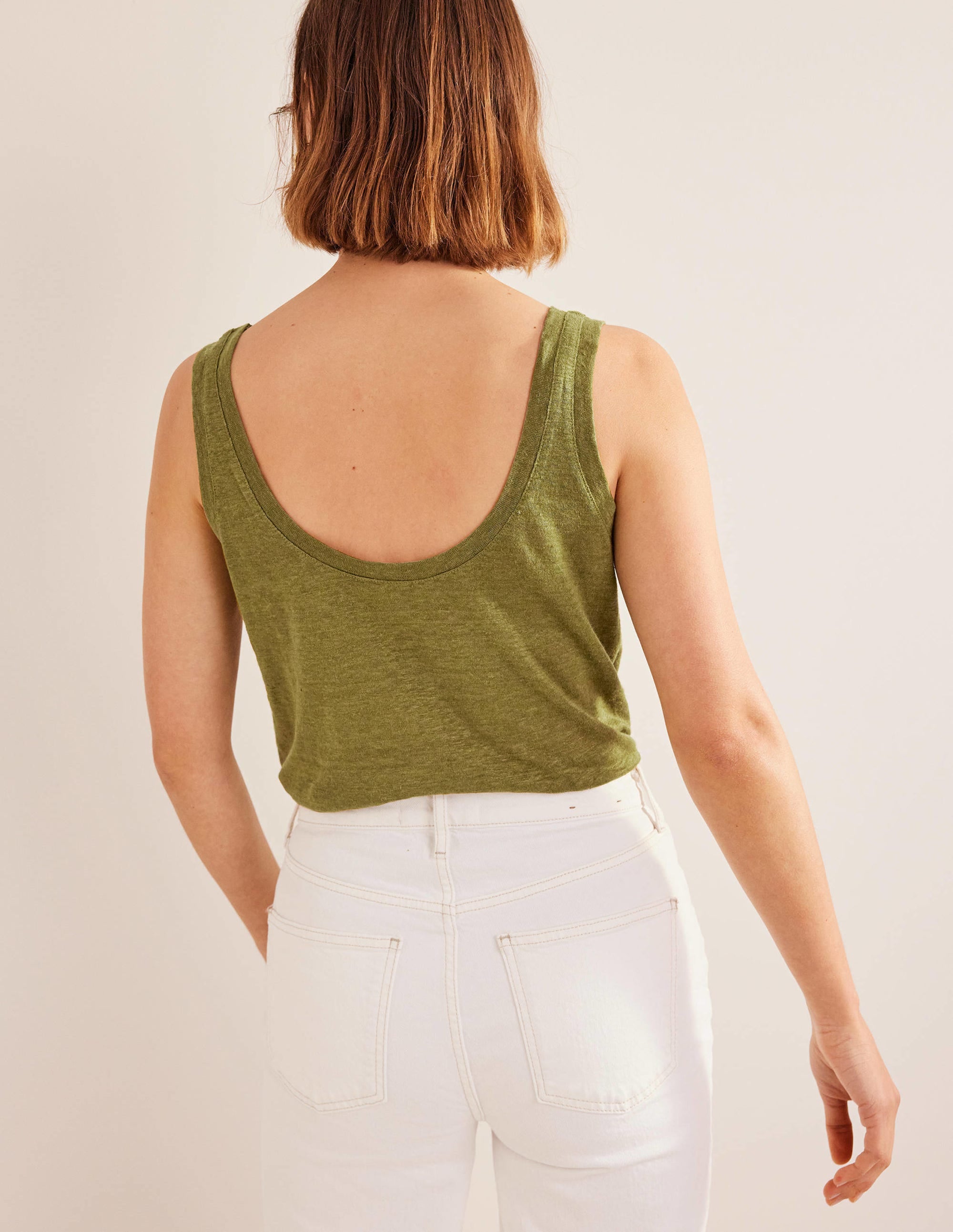 Scoop Neck Linen Vest Top-Sulphur Green - Image 3