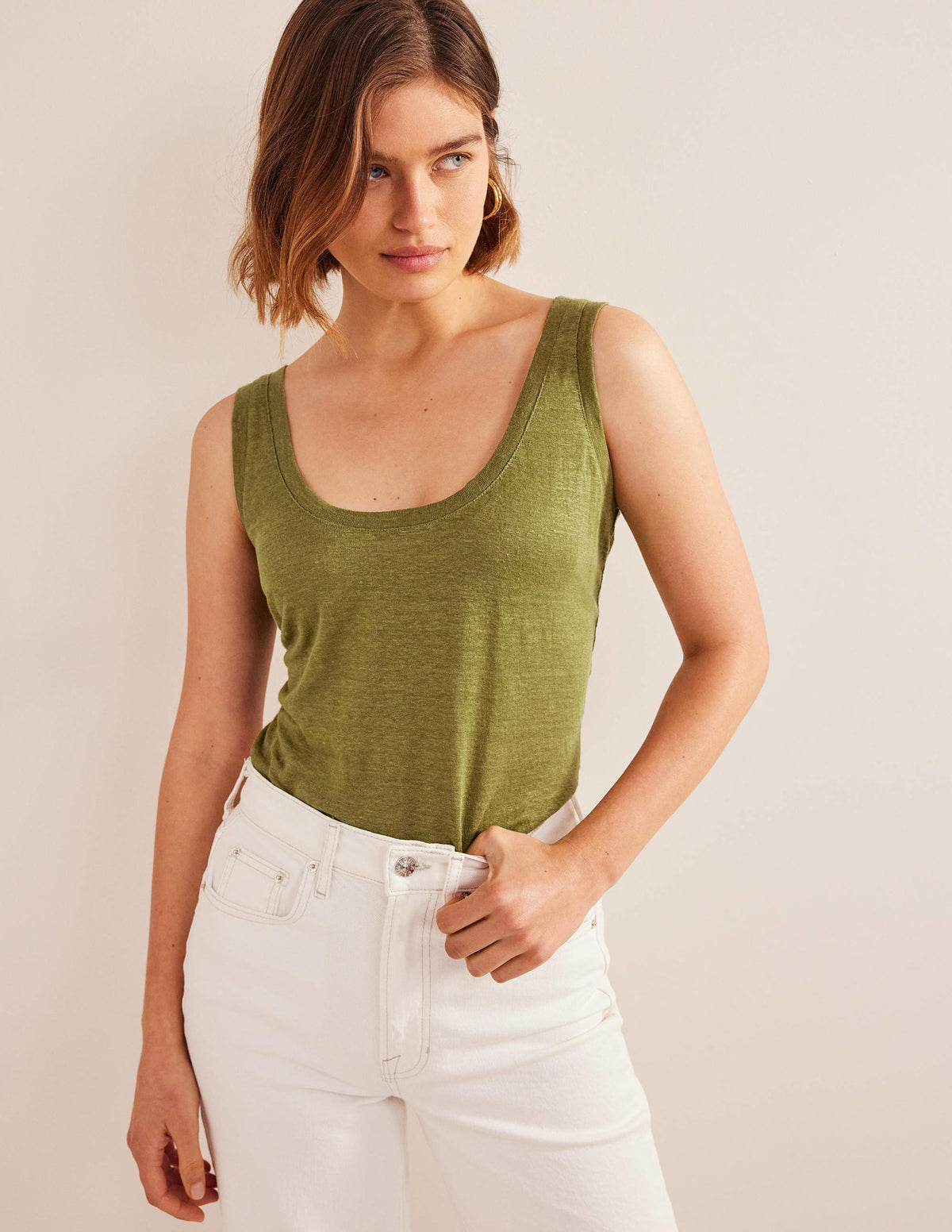 Scoop Neck Linen Vest Top-Sulphur Green - Image 4
