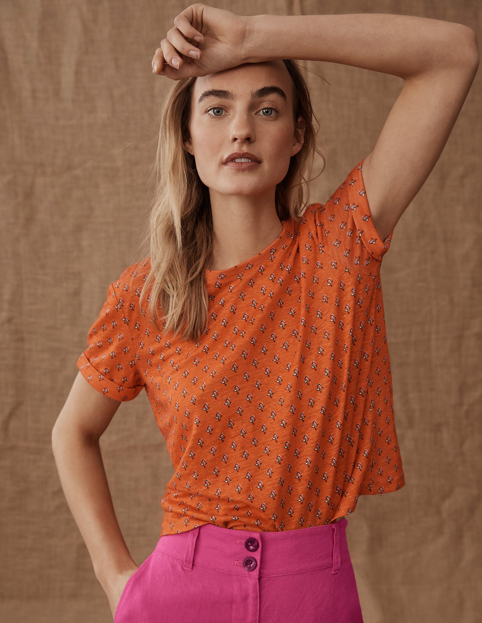 Printed Linen T-shirt-Blood Orange, Tulip Blush - Image 7