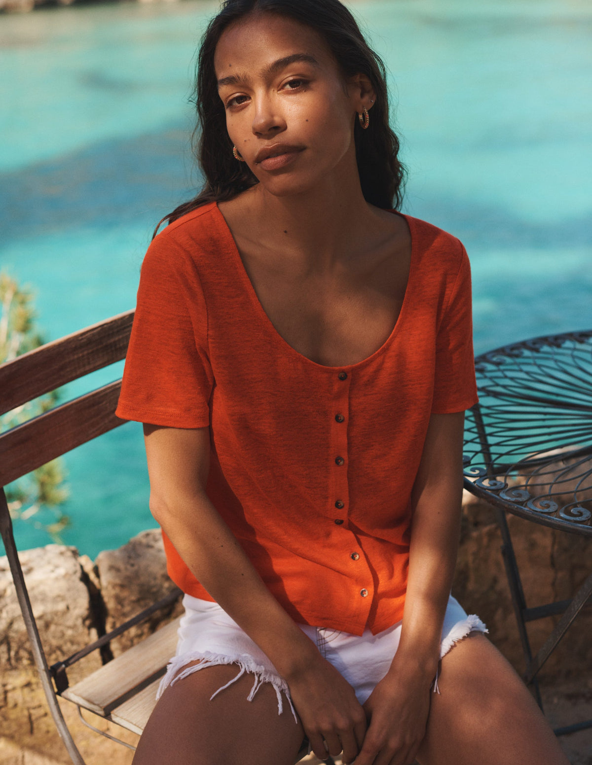 Scoop Neck Linen T-shirt-Blood Orange-5