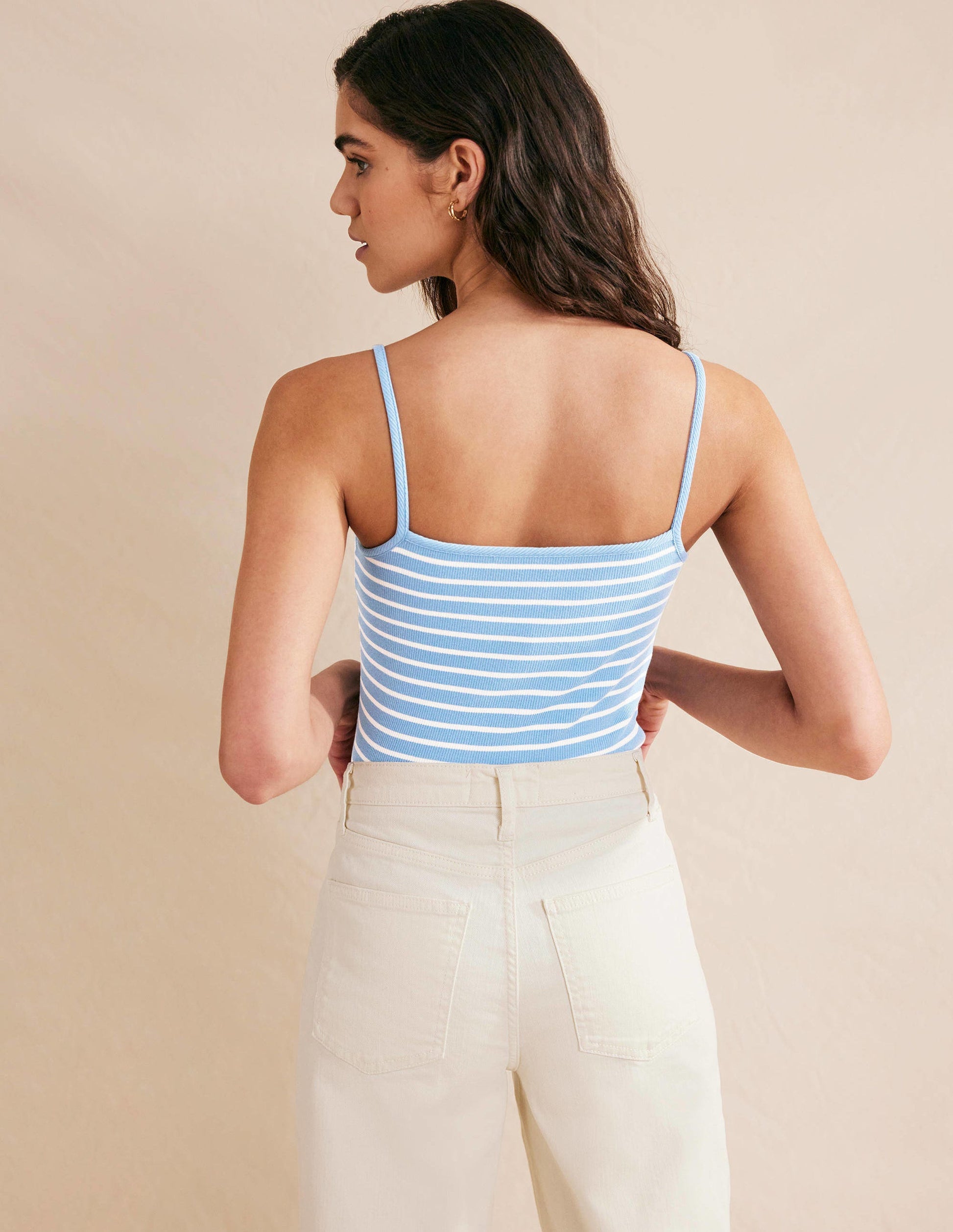 Square Neck Ribbed Tank Top-Blue/Ivory Stripe-3