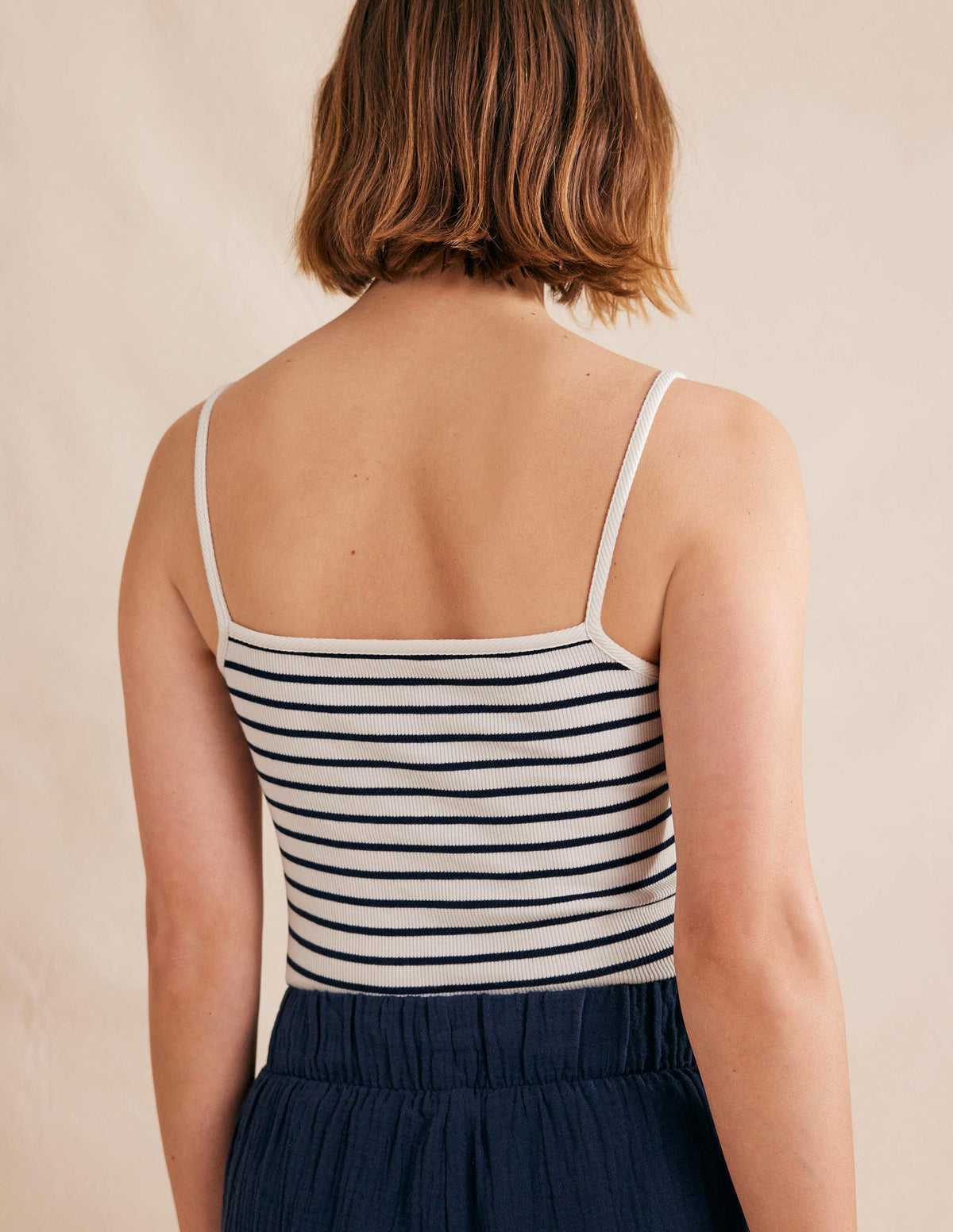 Square Neck Ribbed Tank Top-Ivory/Navy Stripe - Image 3