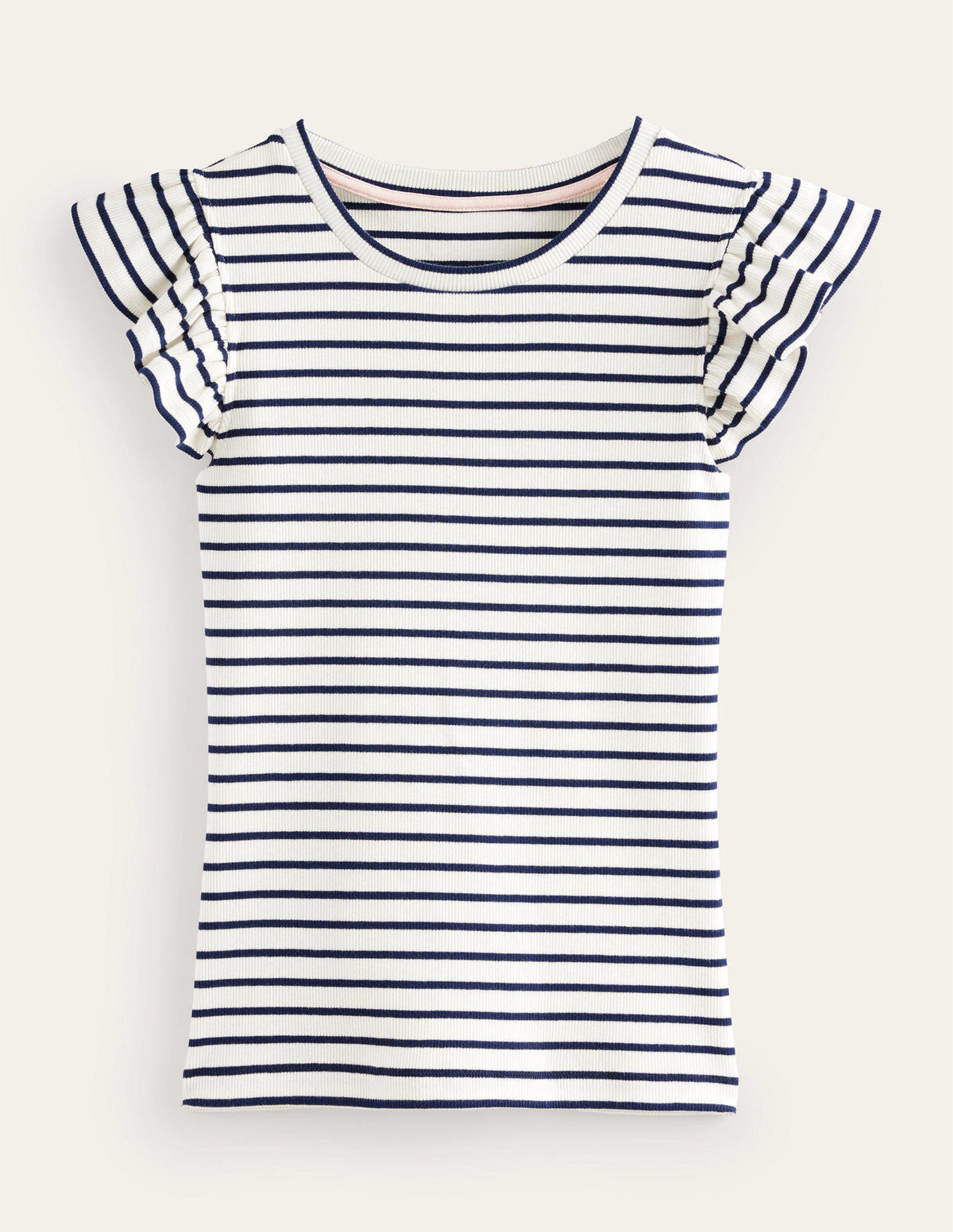 Crew Neck Ribbed Flutter Top-Ivory/ Navy Stripe - Image 5