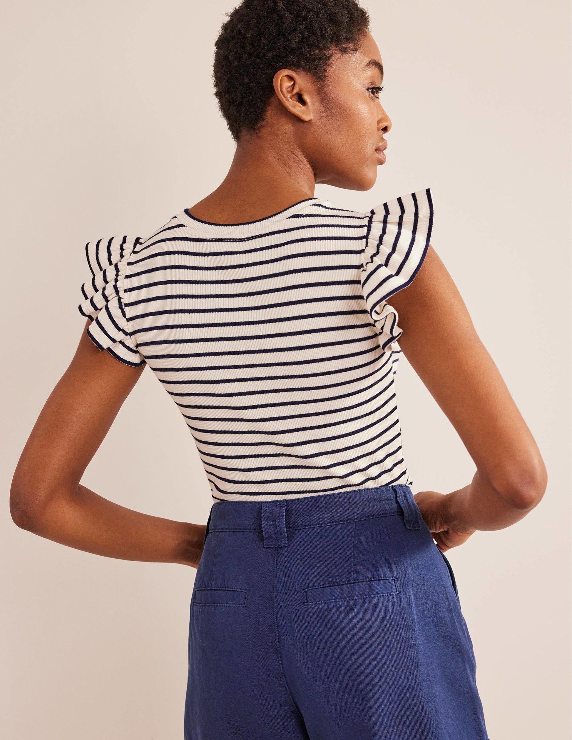 Crew Neck Ribbed Flutter Top-Ivory/ Navy Stripe-3