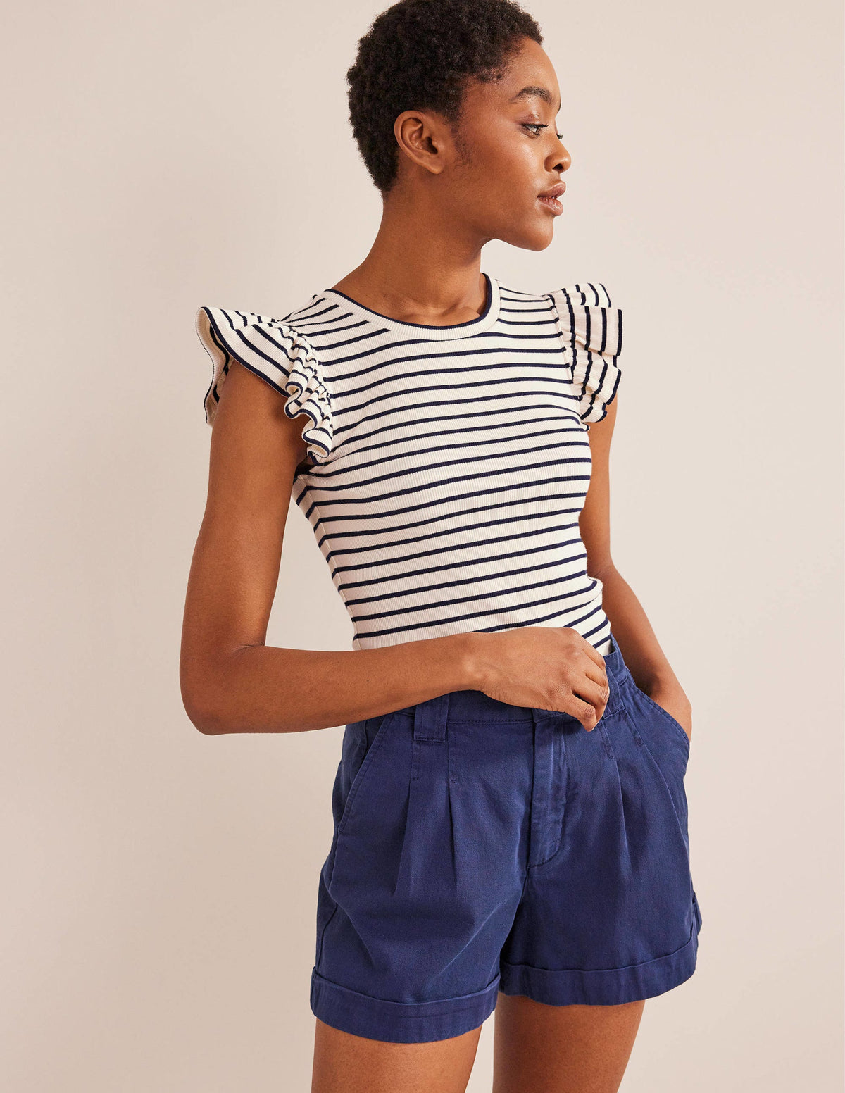 Crew Neck Ribbed Flutter Top-Ivory/ Navy Stripe-4