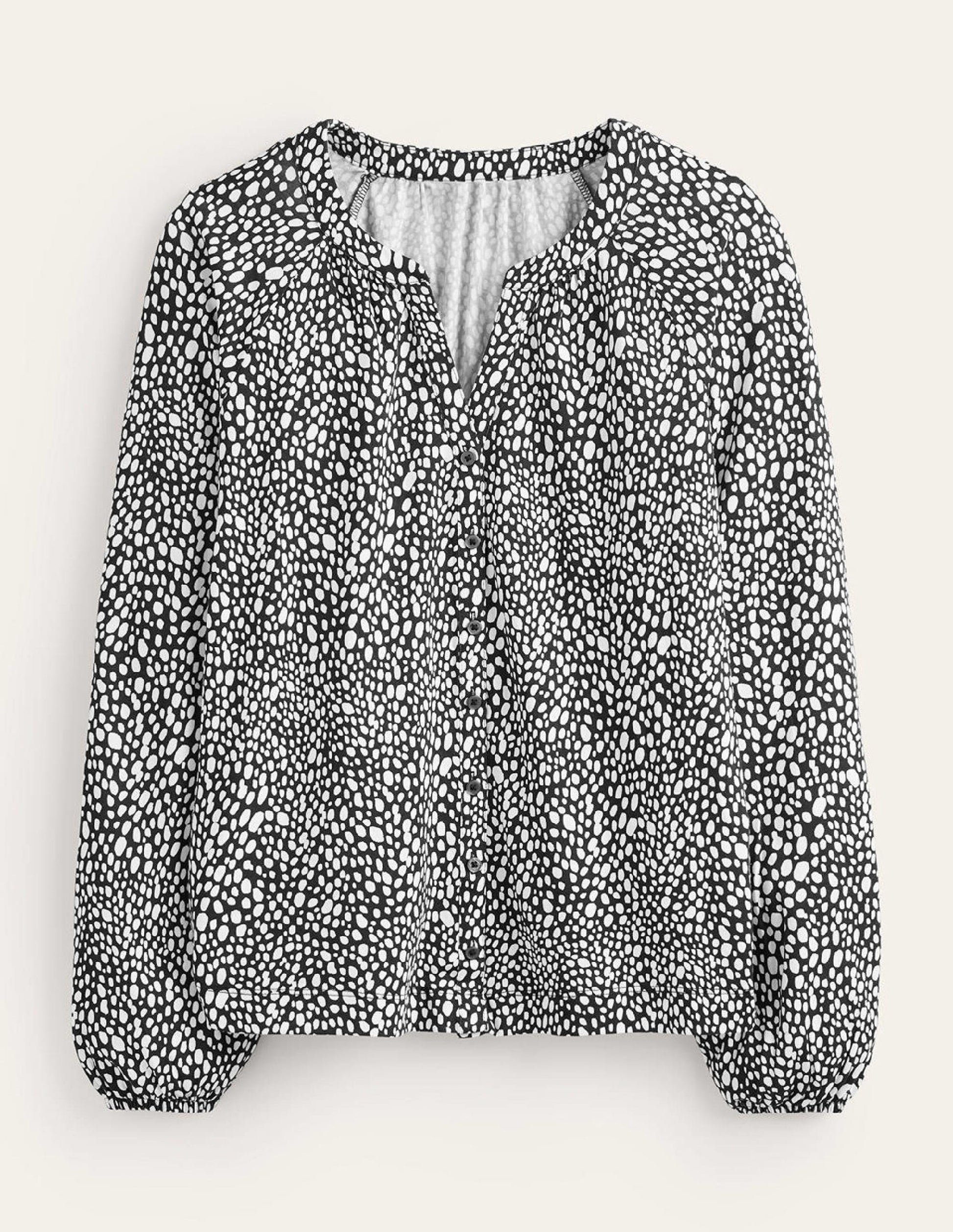 Printed Gather-Detail Shirt-Black, Animal Spot-6