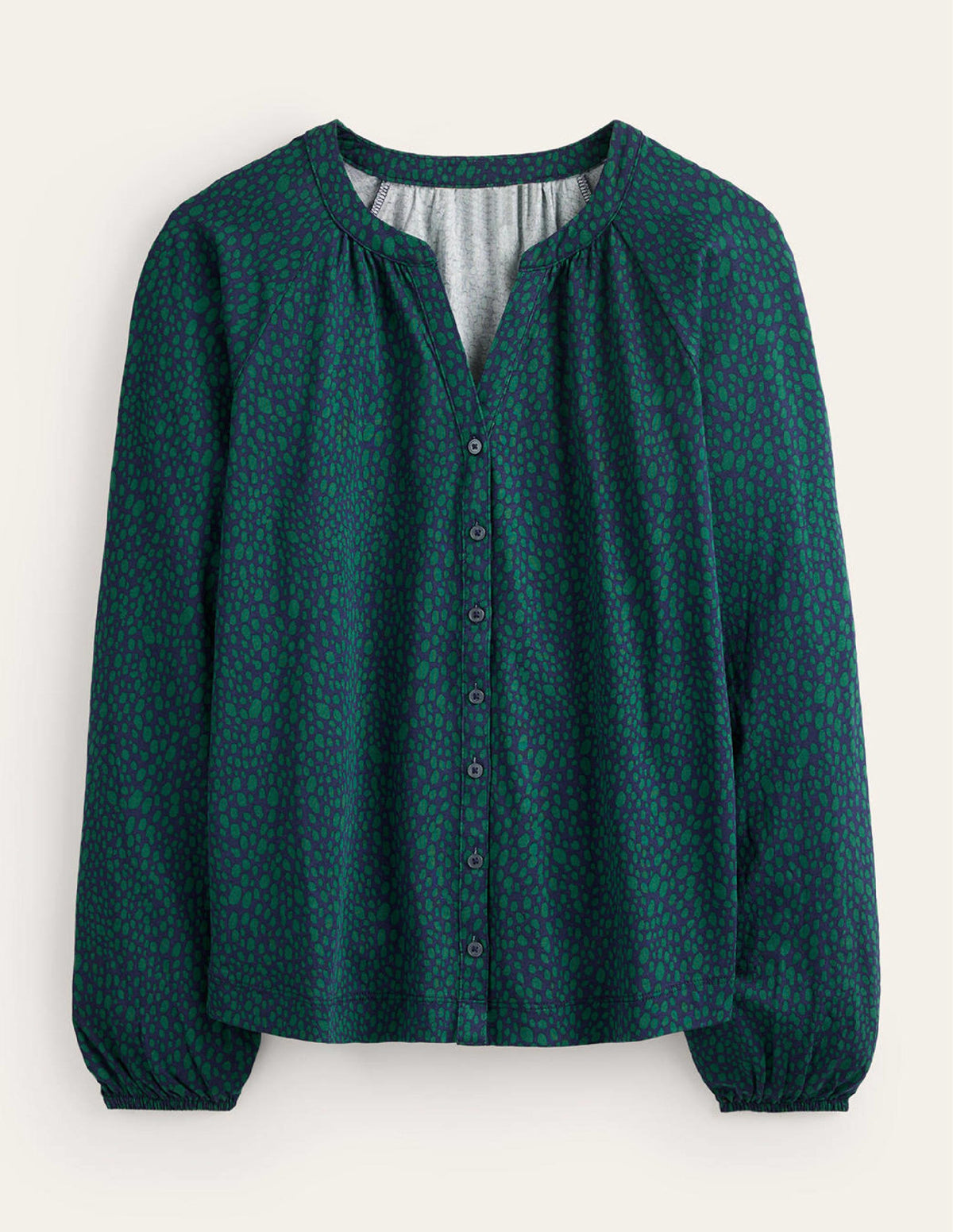 Printed Gather-Detail Shirt-Amazon Green , Animal Spot-5
