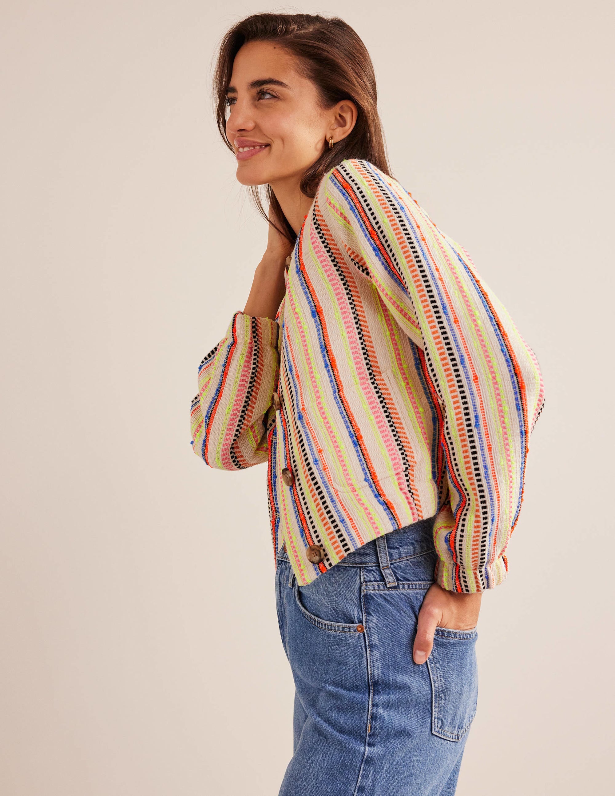 Textured Button Jacket-Ivory, Multi Stripe - Image 1