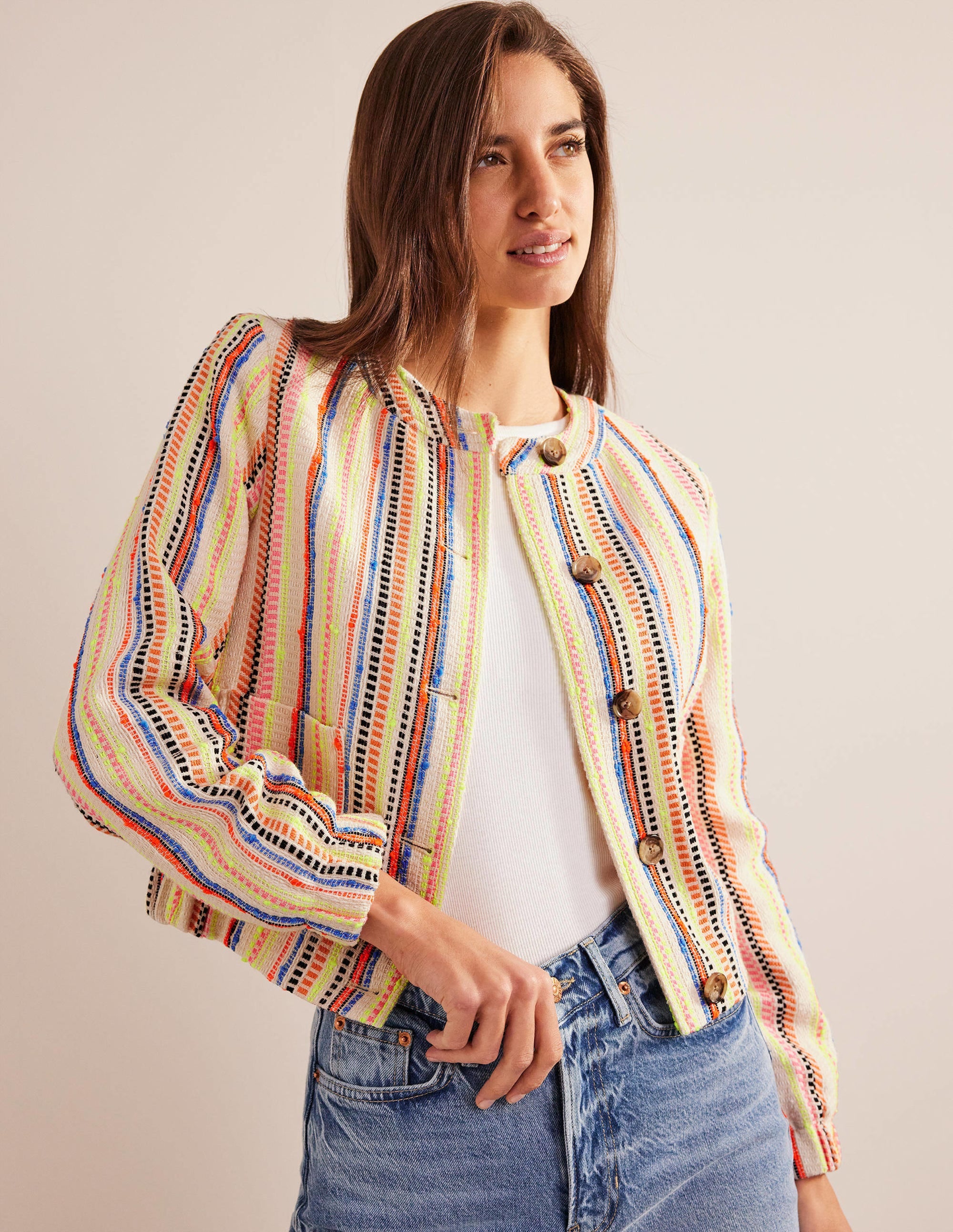 Textured Button Jacket-Ivory, Multi Stripe - Image 2
