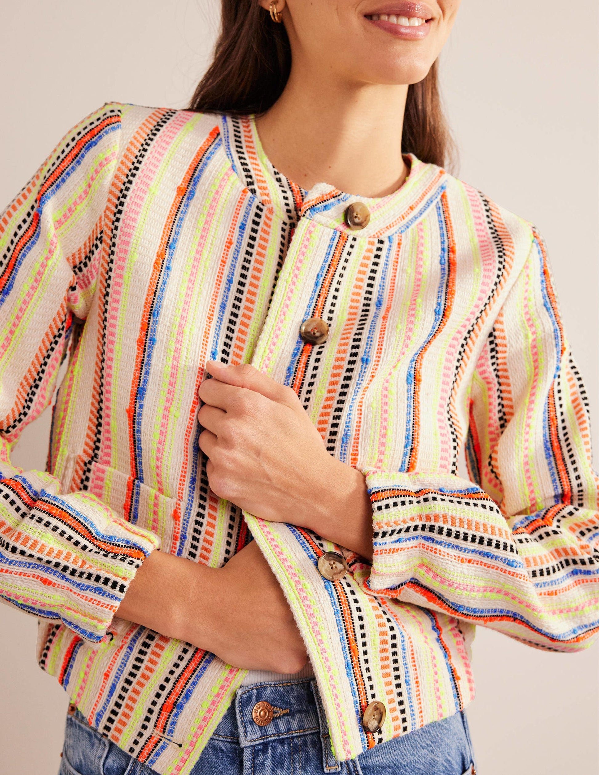 Textured Button Jacket-Ivory, Multi Stripe-5