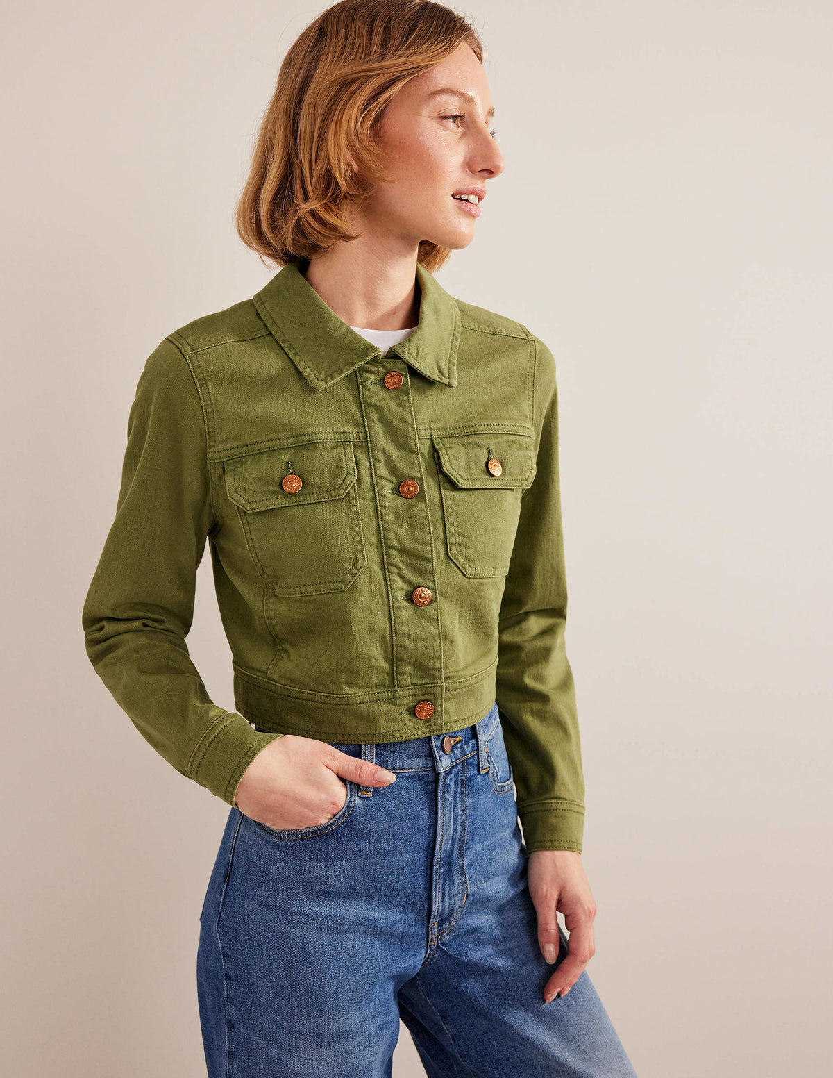 Cropped Casual Cotton Jacket-Green-4