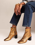 Block-Heel Leather Ankle Boots-Gold Crinkle metallic Leather