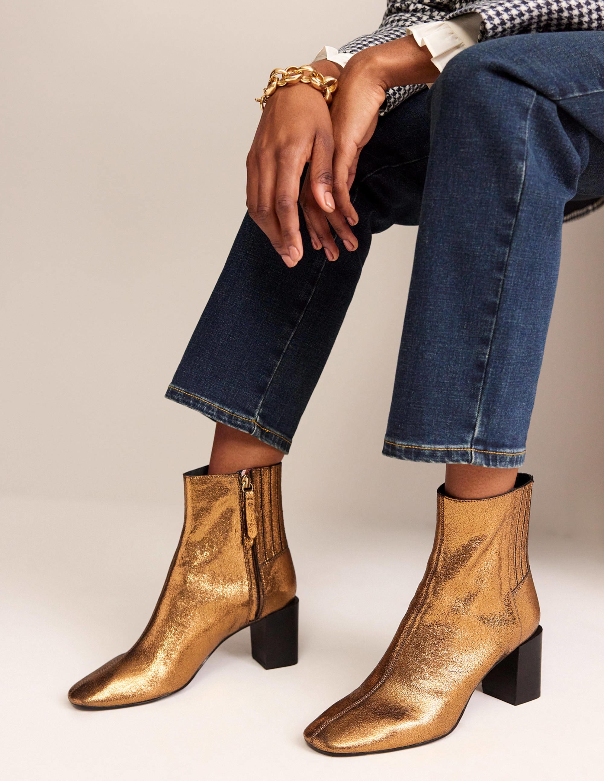 Block-Heel Leather Ankle Boots-Gold Crinkle metallic Leather - Image 1