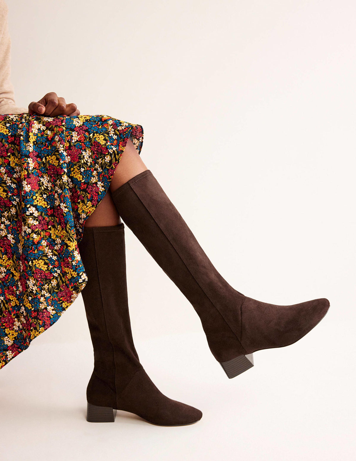 Cara Flat Stretch Knee Boots-Mahogany - Image 1
