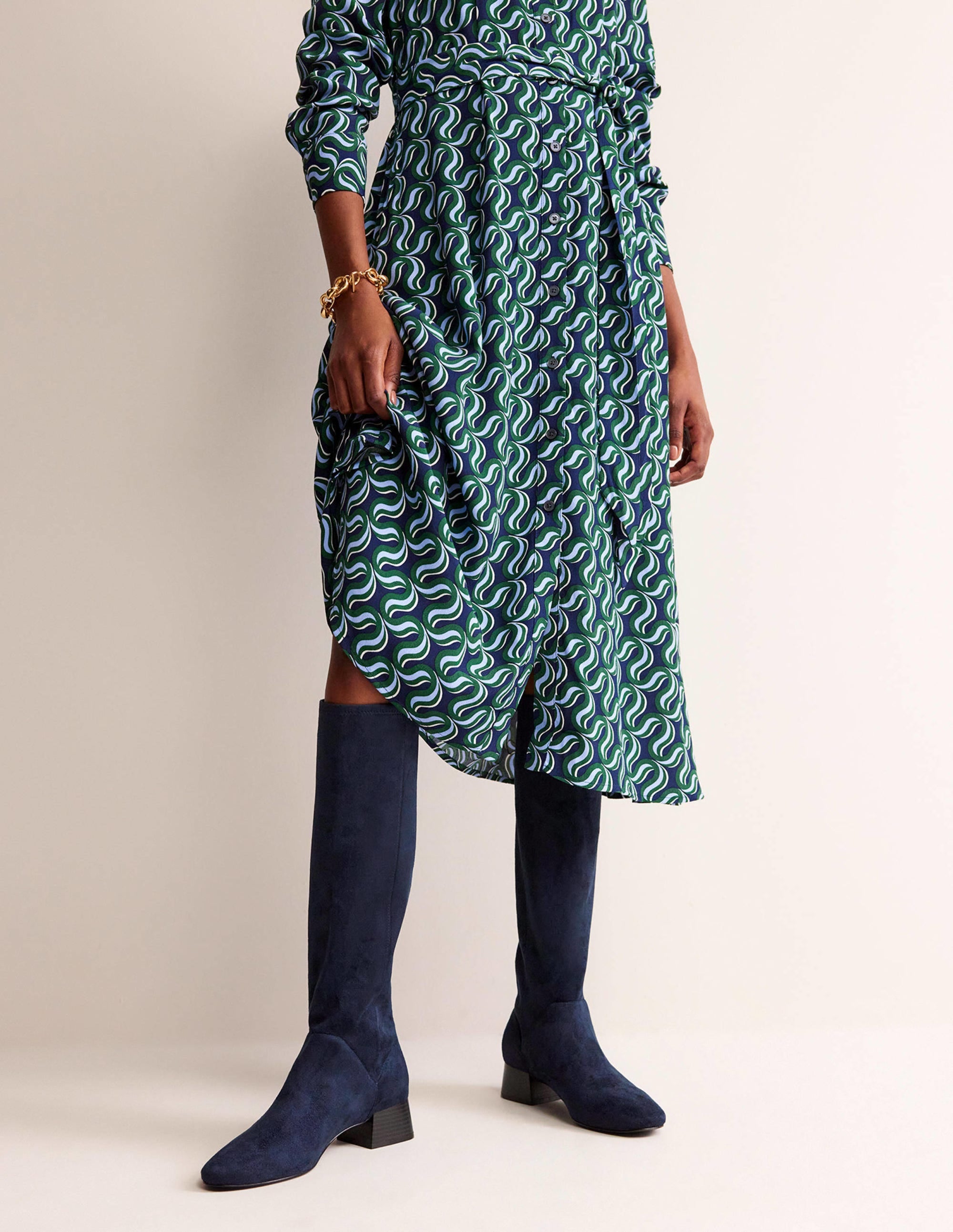 Cara Flat Stretch Knee Boots-Navy - Image 1