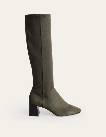 Cara Heeled Stretch Knee Boots-Dark Moss