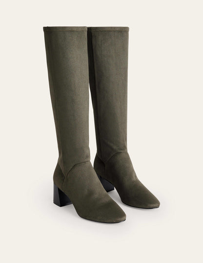 Cara Heeled Stretch Knee Boots-Dark Moss