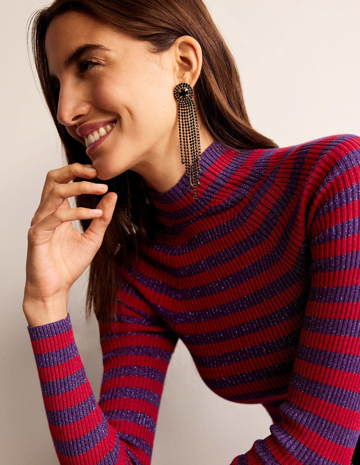 Jewelled Fringe Earrings-Black-1