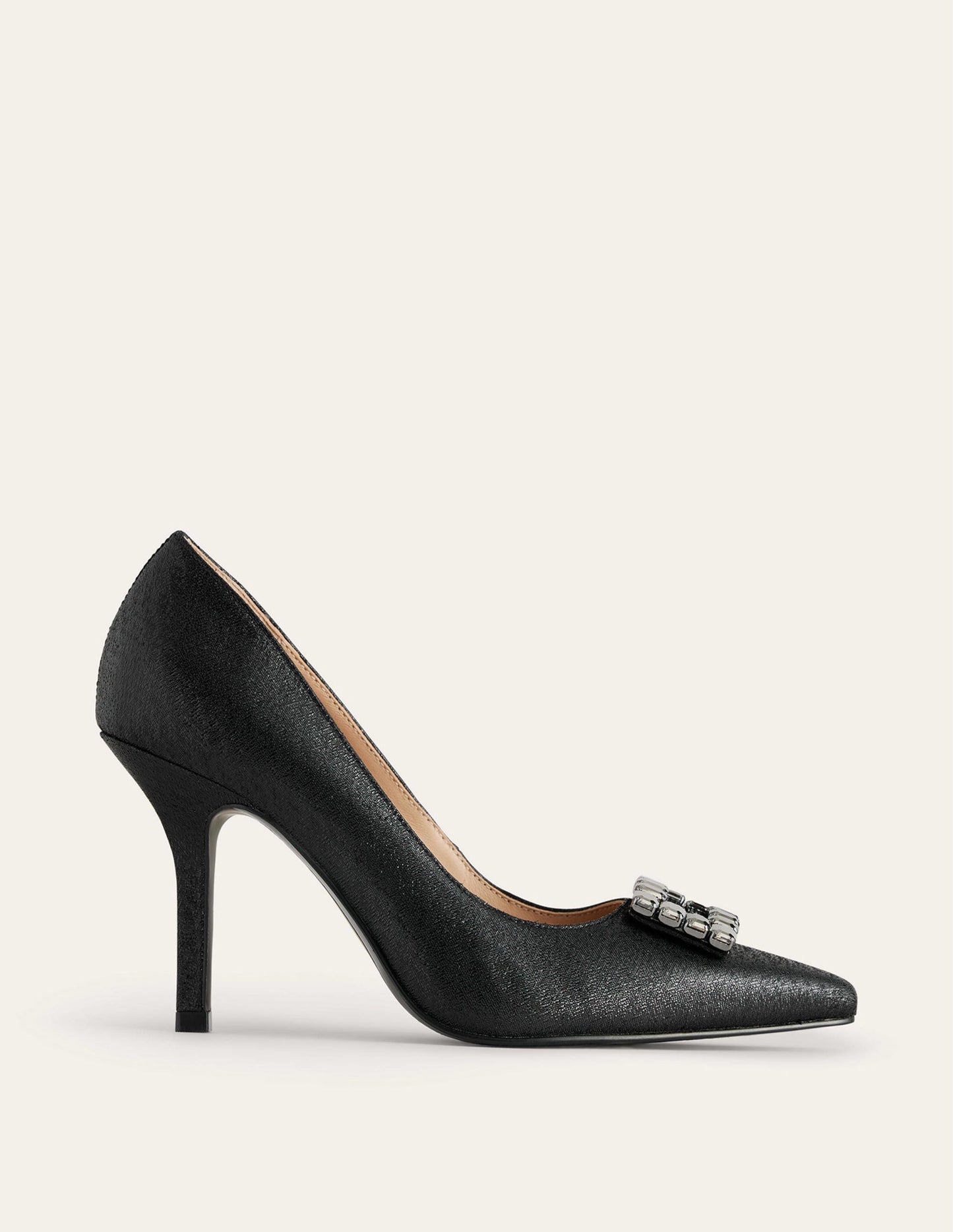 Jewelled Heeled Court Shoes-Black Metallic