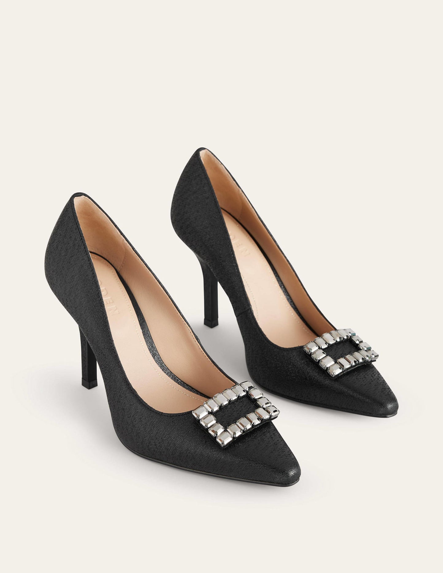 Jewelled Heeled Court Shoes-Black Metallic