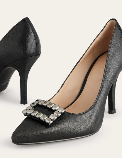 Jewelled Heeled Court Shoes-Black Metallic