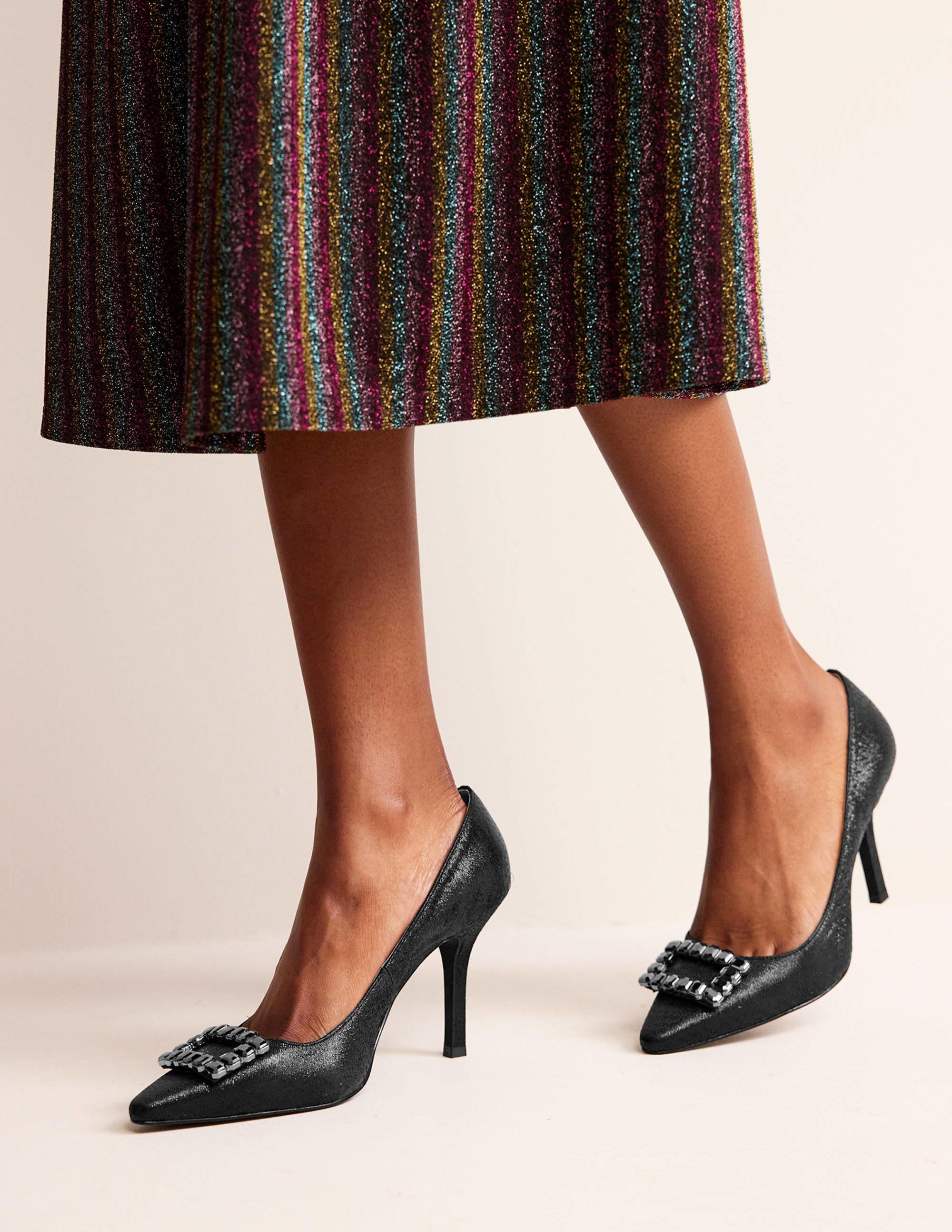 Jewelled Heeled Court Shoes-Black Metallic - Image 1