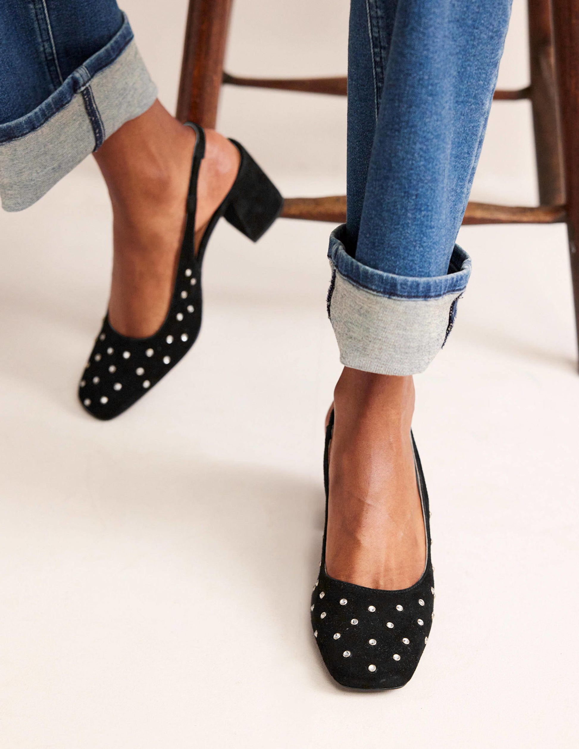 Slingback Mid-Heel Pumps-Black Suede, Crystals-1